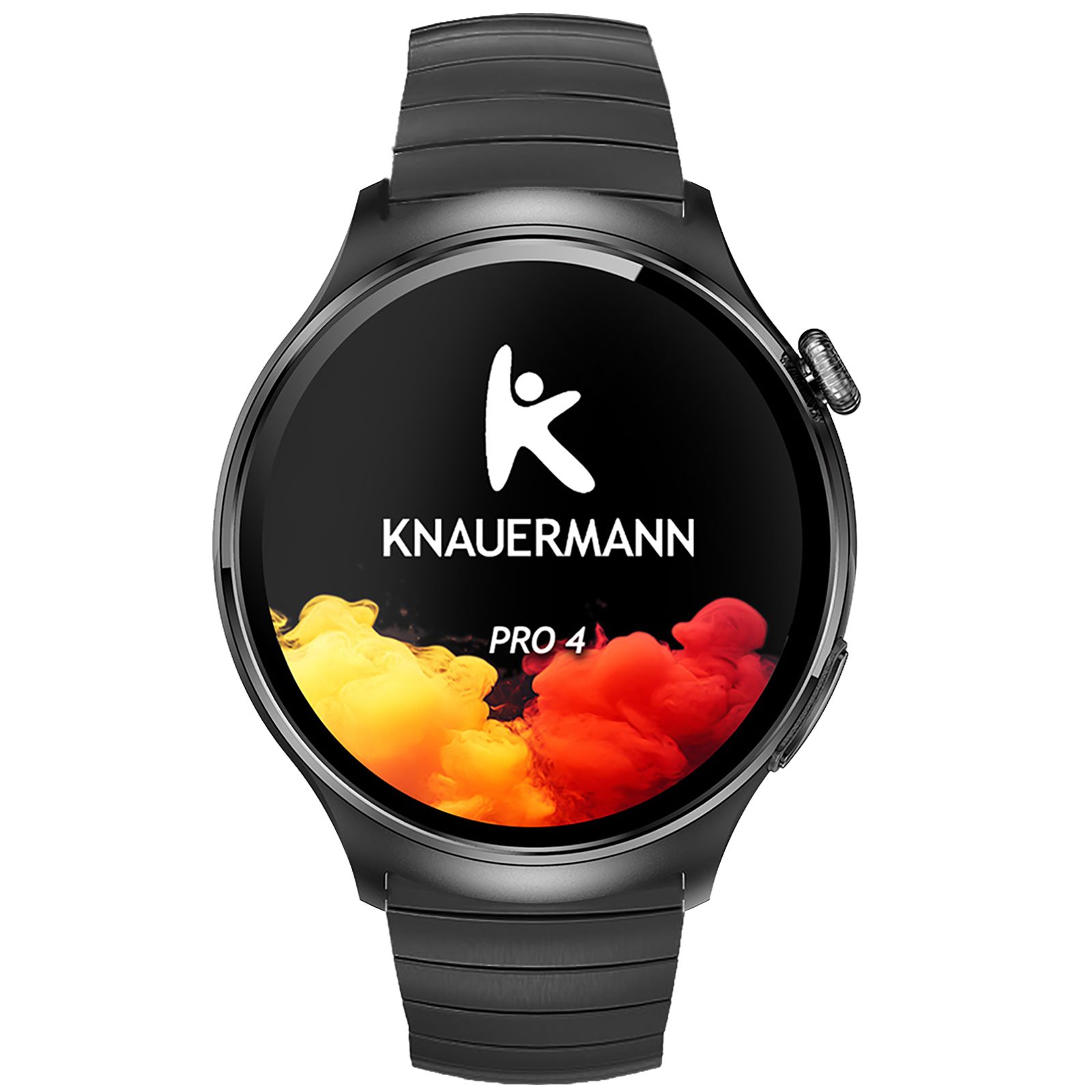 Knauermann PRO 4 Smartwatch mit rundem Display und schwarzem Armband.