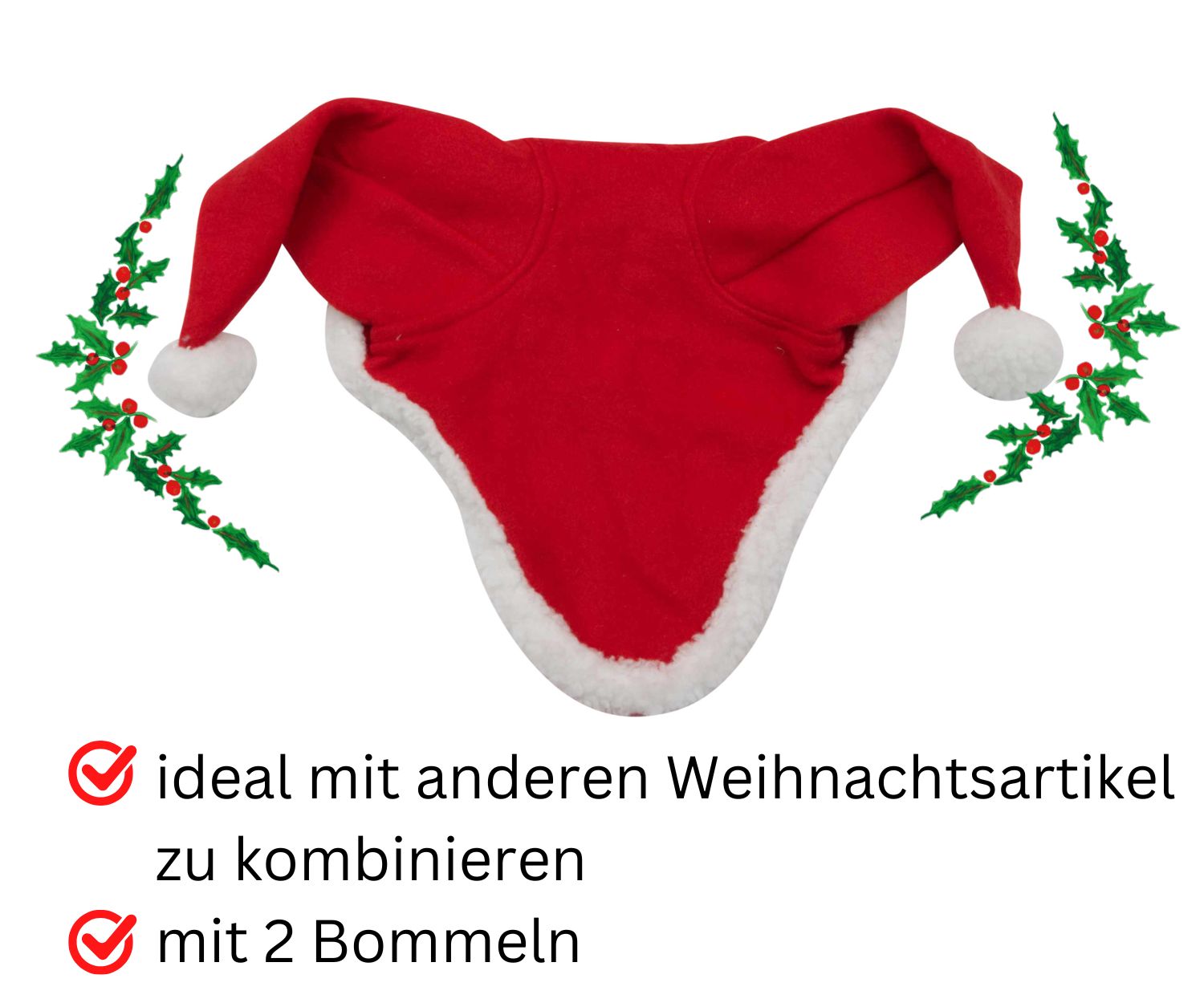 AMKA Pferde Weihnachtsmütze mit Ohren rot-weiß, Weihnachten-Nikolaus Kappe