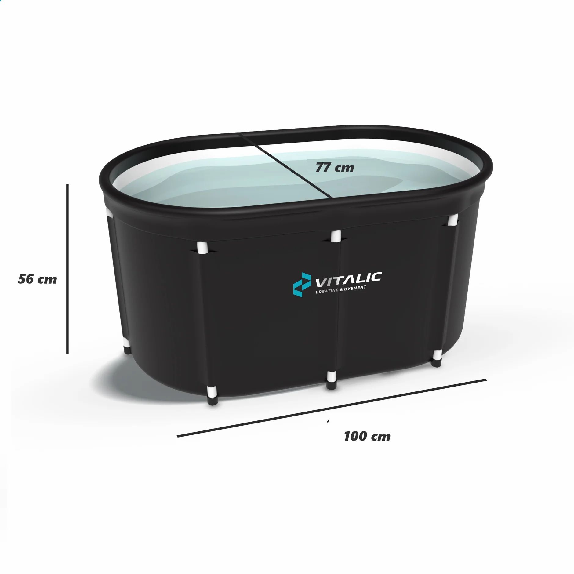 Schwarzes, ovales Eisbad mit Wasser. Maße: 100x77x56 cm. VITALIC-Logo.