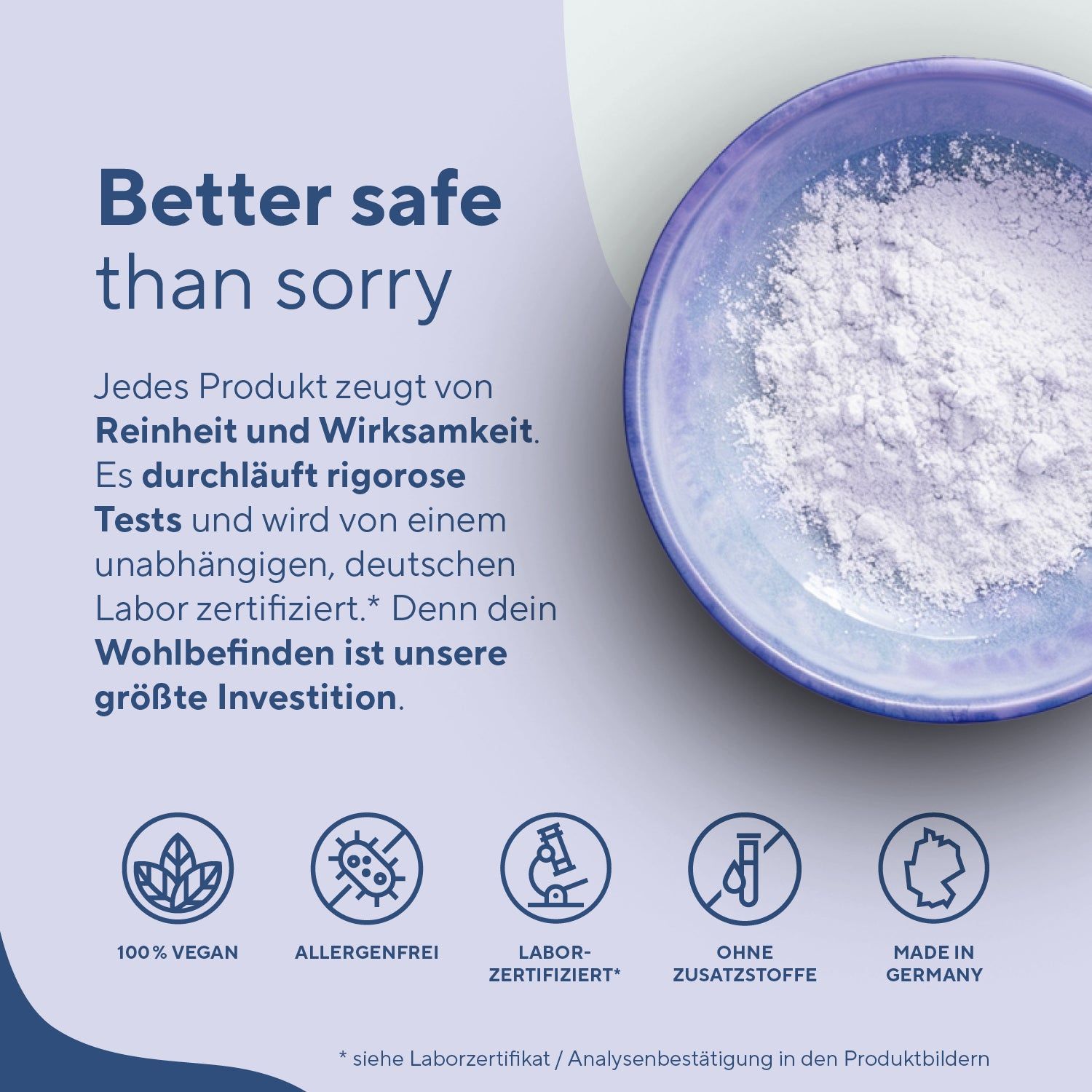 Infografik mit Symbolen. Text: 100% vegan, allergenfrei, Labor-zertifiziert, ohne Zusatzstoffe, Made in Germany.