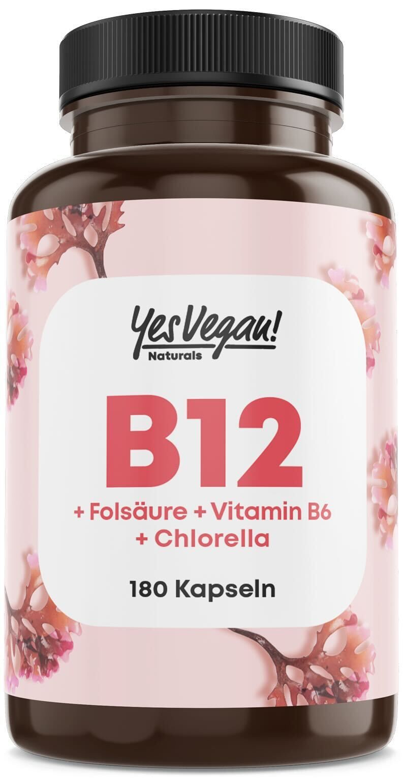 Braune Flasche mit Kapseln. Aufschrift: B12, Folsäure, Vitamin B6, Chlorella. 180 Kapseln. Rosa Hintergrund mit floralem Muster.