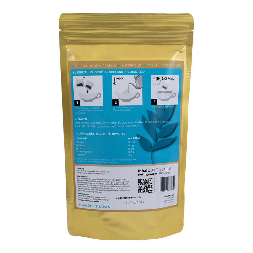 Rückseite der goldenen Verpackung. Enthält Informationen zu Zubereitung, Zutaten und Nährwerten. Text "Schön & Schlank Premium Tea".