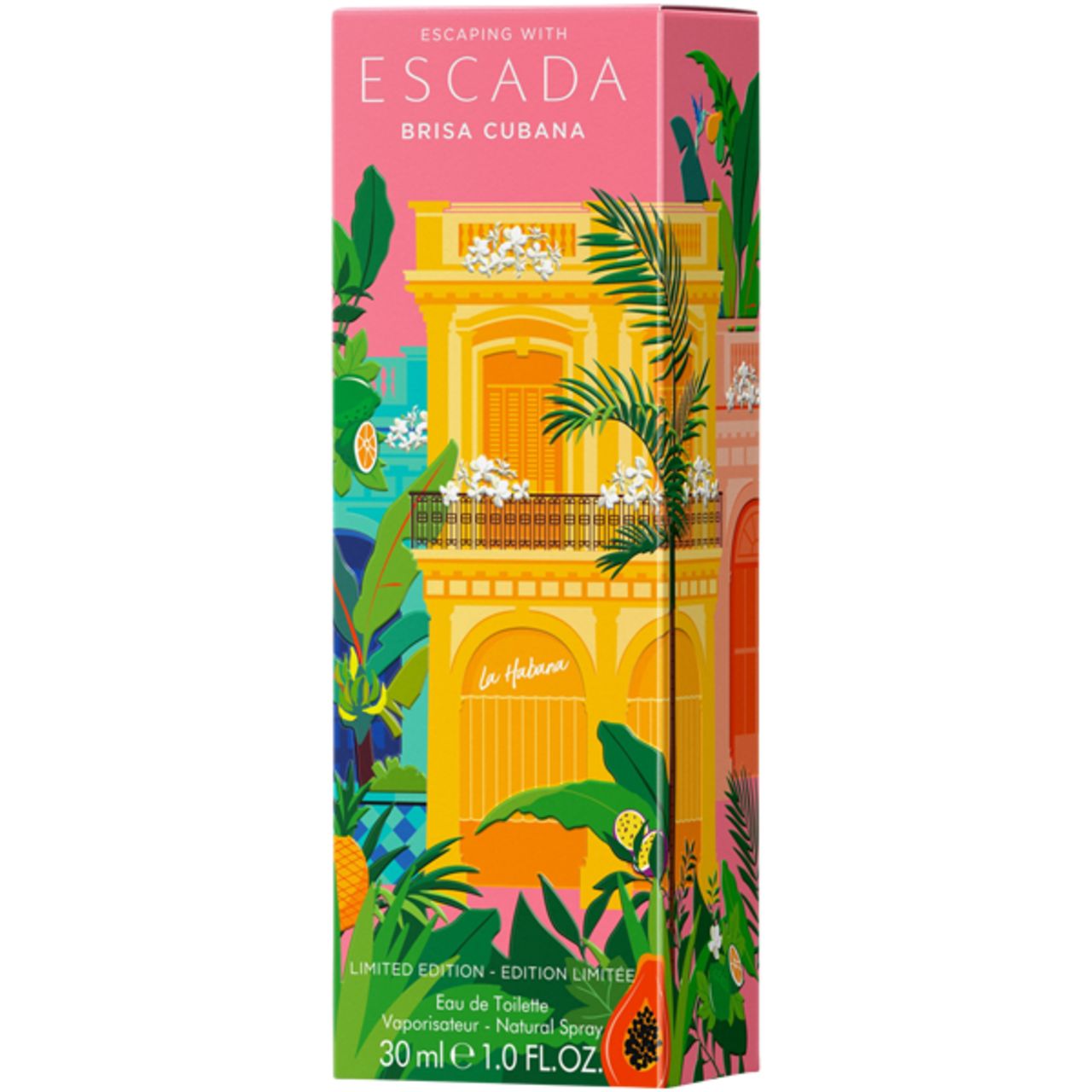 Verpackung Escada Brisa Cubana. Rosa Hintergrund, gelbes Gebäude, grüne Blätter. Aufschrift: Escada, Brisa Cubana.