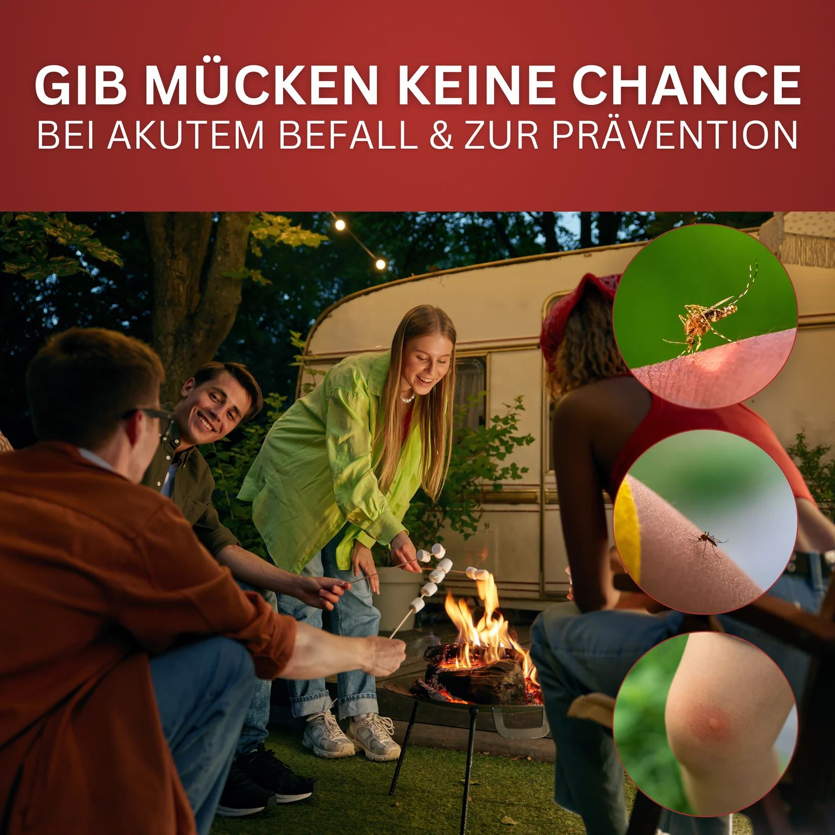 Menschen am Lagerfeuer. Insets: Mücke auf Haut, Mücke auf Haut, Mückenstich. Text: Gib Mücken keine Chance.