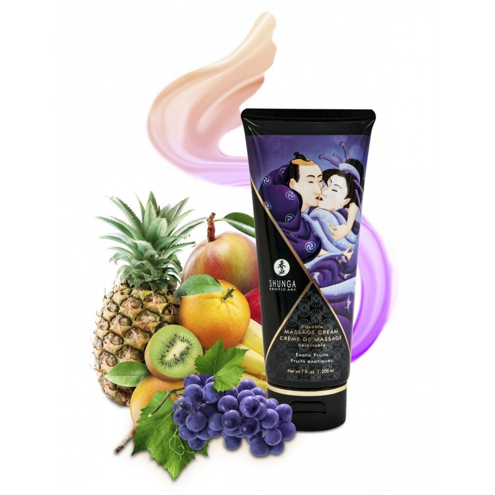 Tube mit Massagecreme und exotischen Früchten. Aufschrift: Shunga Exotic Art. Abbildung eines Paares. Früchte: Ananas, Kiwi, Trauben.