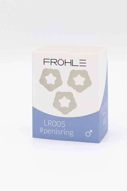 Verpackung mit drei Liebesringen. Aufdruck: Fröhle, LR005, #penisring. Männliches Symbol. Blaue und weiße Farbgebung.