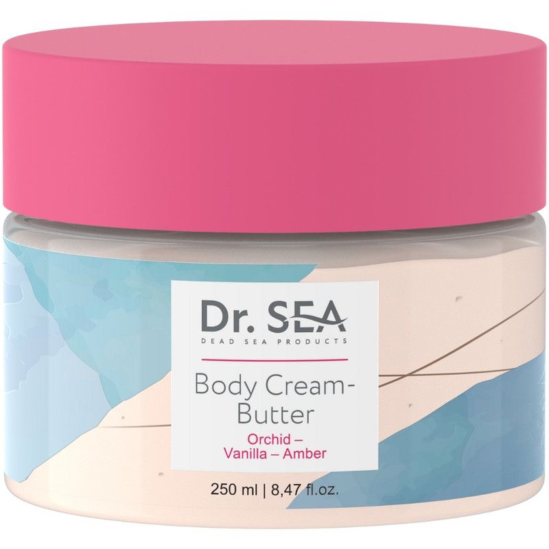 Creme-Butter-Behälter mit rosa Deckel. Aufschrift: Dr. SEA, Body Cream-Butter, Orchidee-Vanille-Amber.
