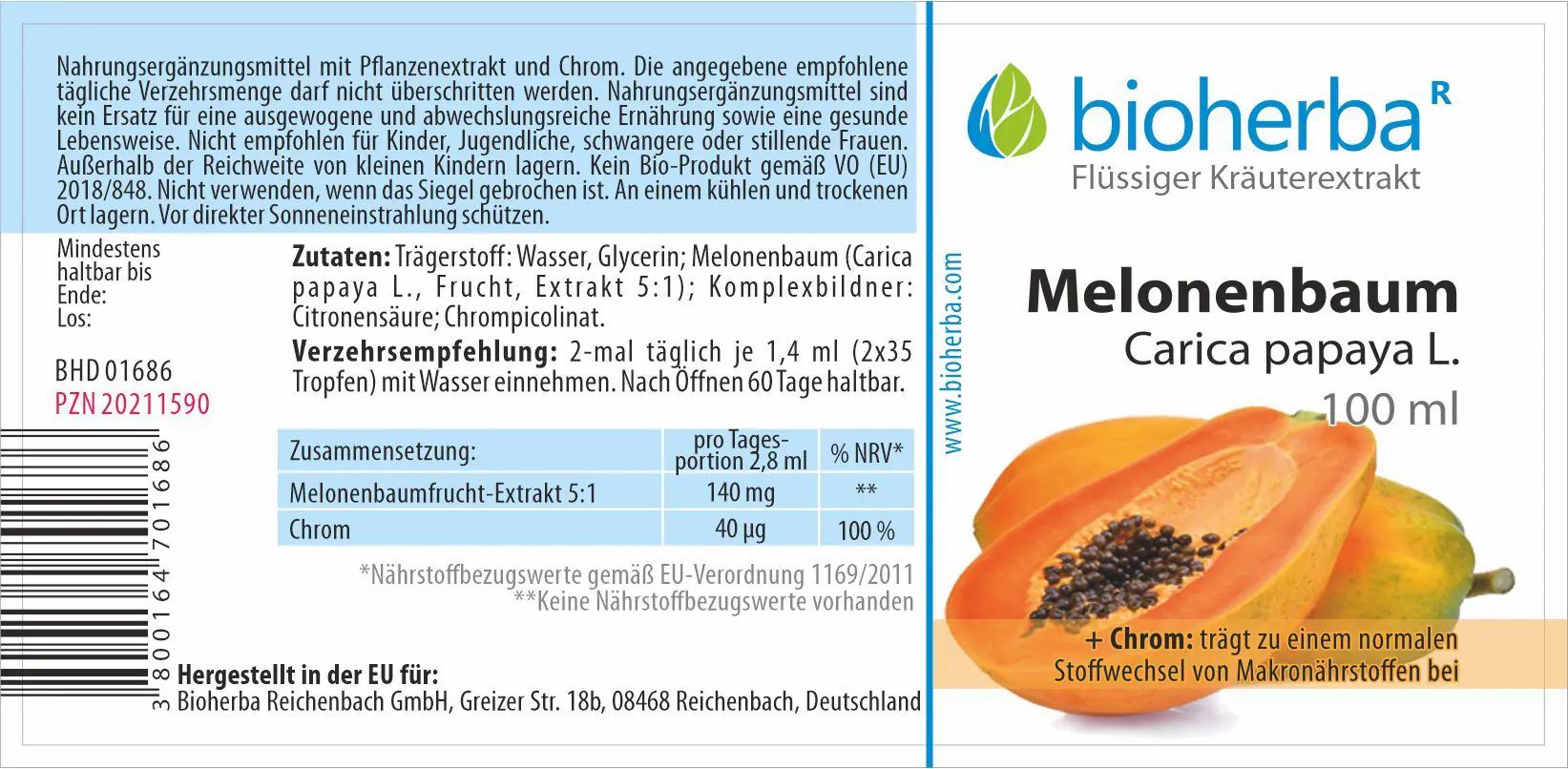 Etikett mit Produktinformationen. Text: Bioherba Melonenbaum Carica papaya L. Tropfen. Enthält Papaya-Frucht, Chrom. 100 ml.
