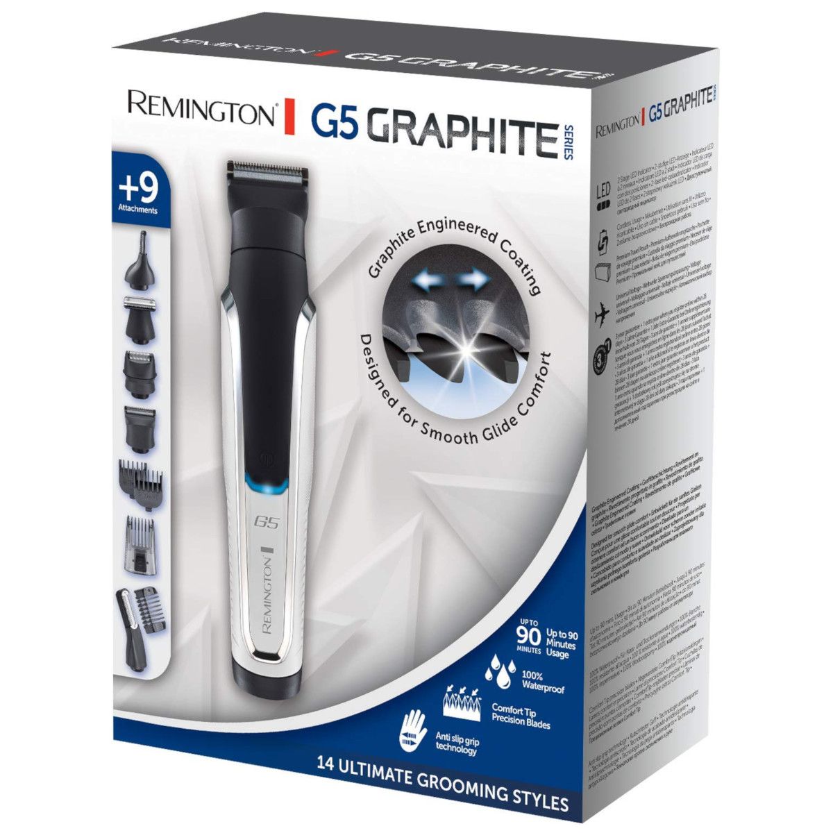 Produktverpackung. Enthält einen Haarschneider und Zubehör. Auf der Verpackung sind Produktinformationen und Logos abgebildet.