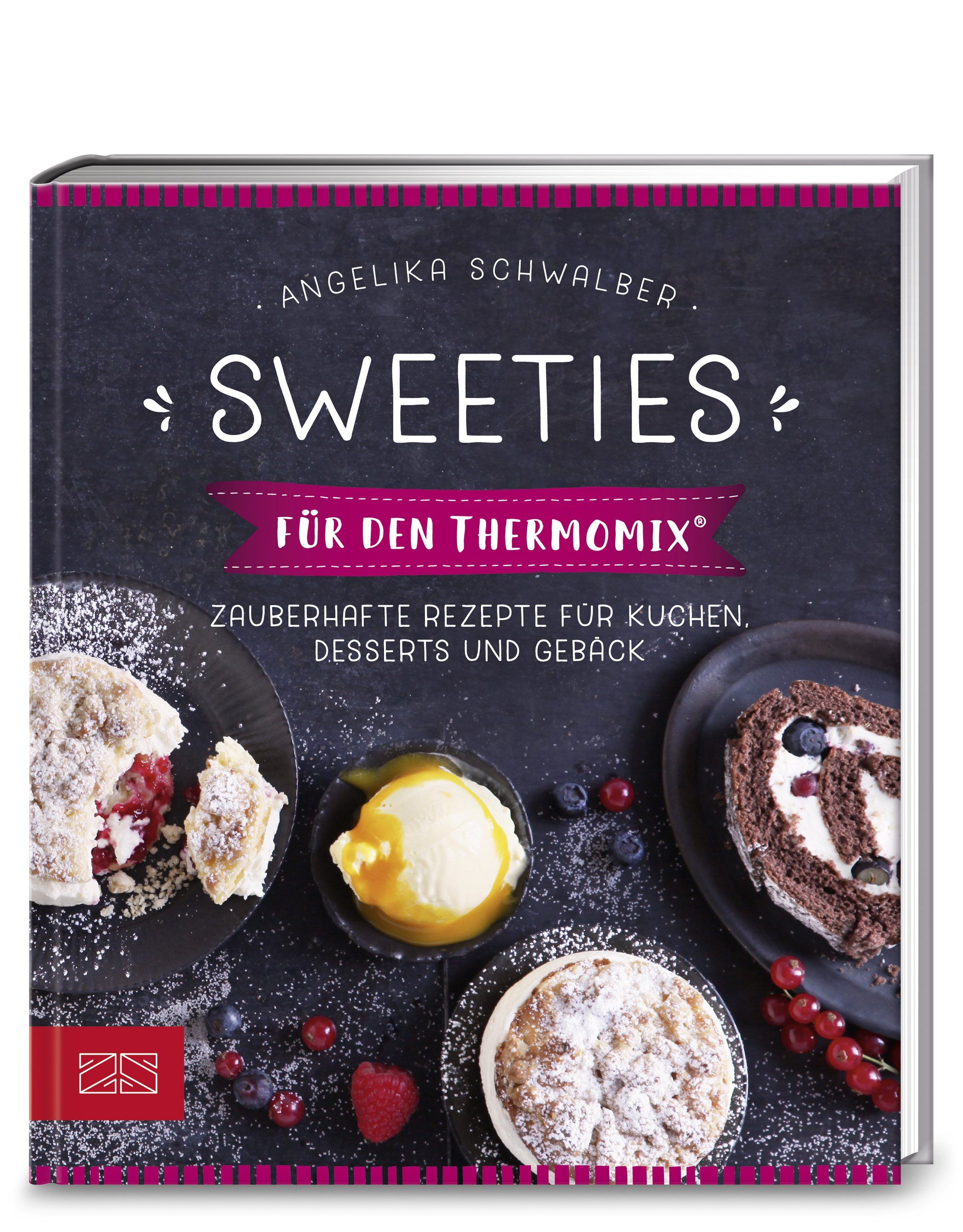 Buch "Sweeties für den Thermomix®" mit Rezepten für Kuchen, Desserts und Gebäck. Auf dem Cover sind Speisen abgebildet.