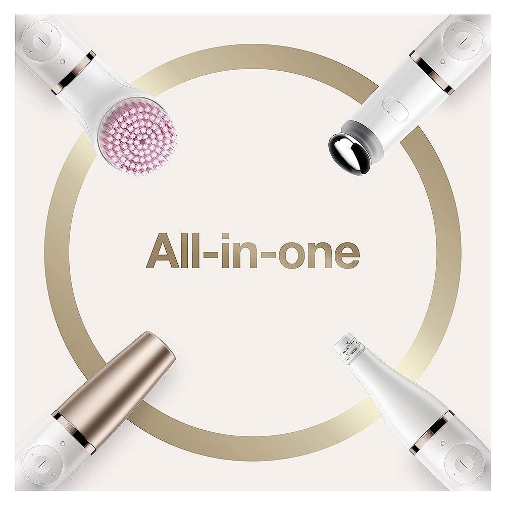Vier Braun FaceSpa Pro Geräte mit verschiedenen Aufsätzen, 'All-in-one' Schriftzug.