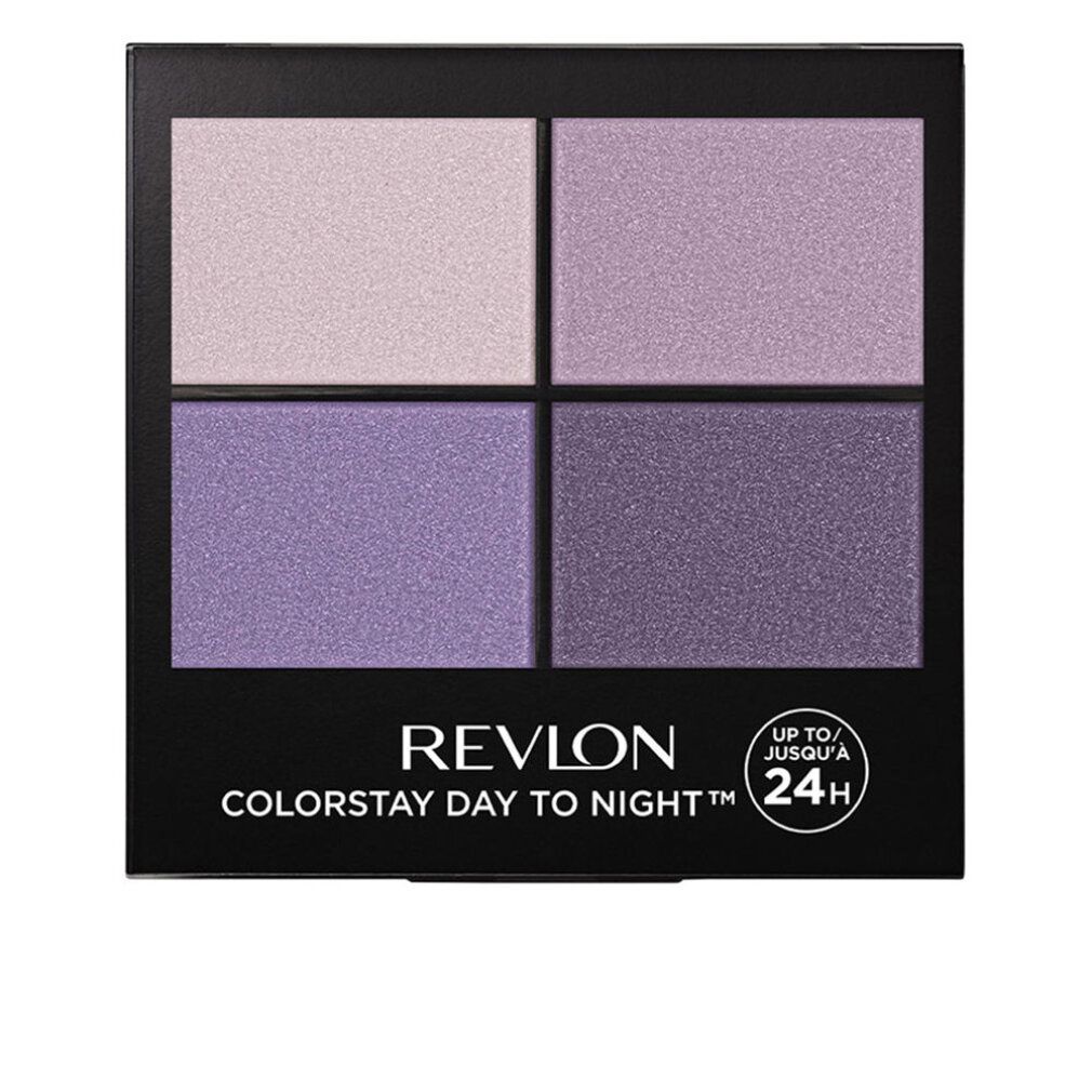 Lidschatten-Palette mit vier Farbtönen in Lila- und Violetttönen. Schwarze Verpackung mit Revlon-Logo und Schriftzug Colorstay Day to Night.