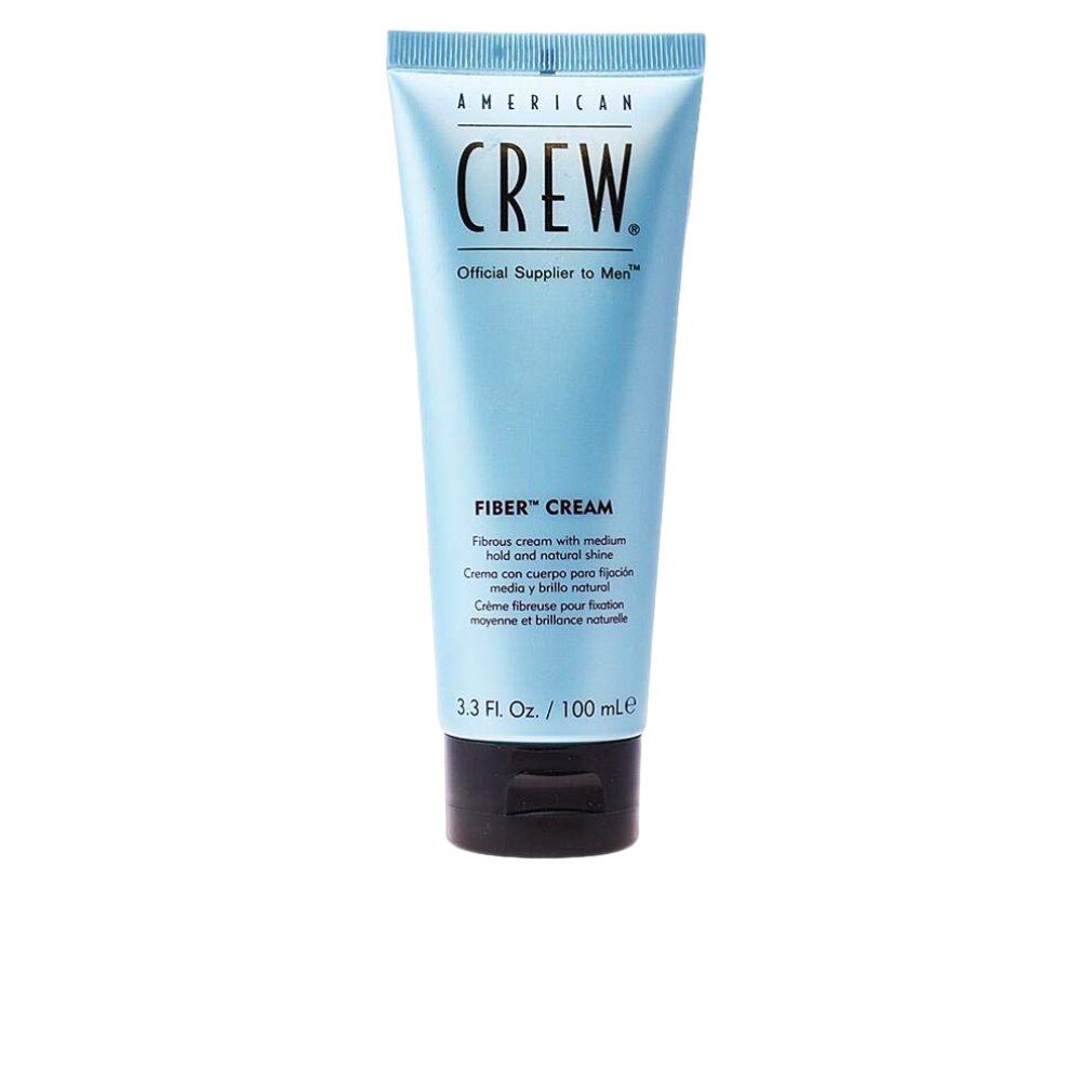 Hellblaue Tube mit schwarzem Deckel. Aufschrift: AMERICAN CREW, FIBER CREAM. Volumen: 100 ml.