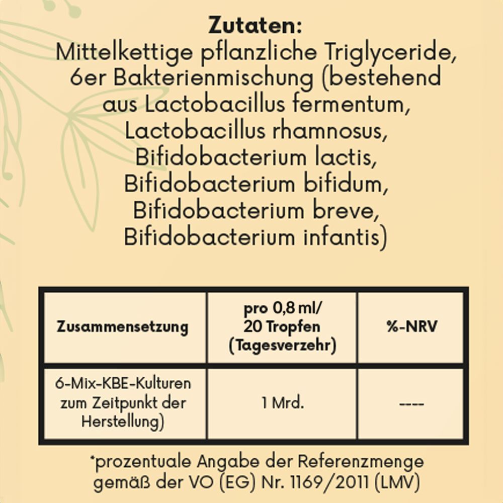 Text auf cremefarbenem Hintergrund. Text: Zutaten, Zusammensetzung, 6-Mix-KBE-Kulturen, pro 0,8 ml/20 Tropfen, %-NRV.