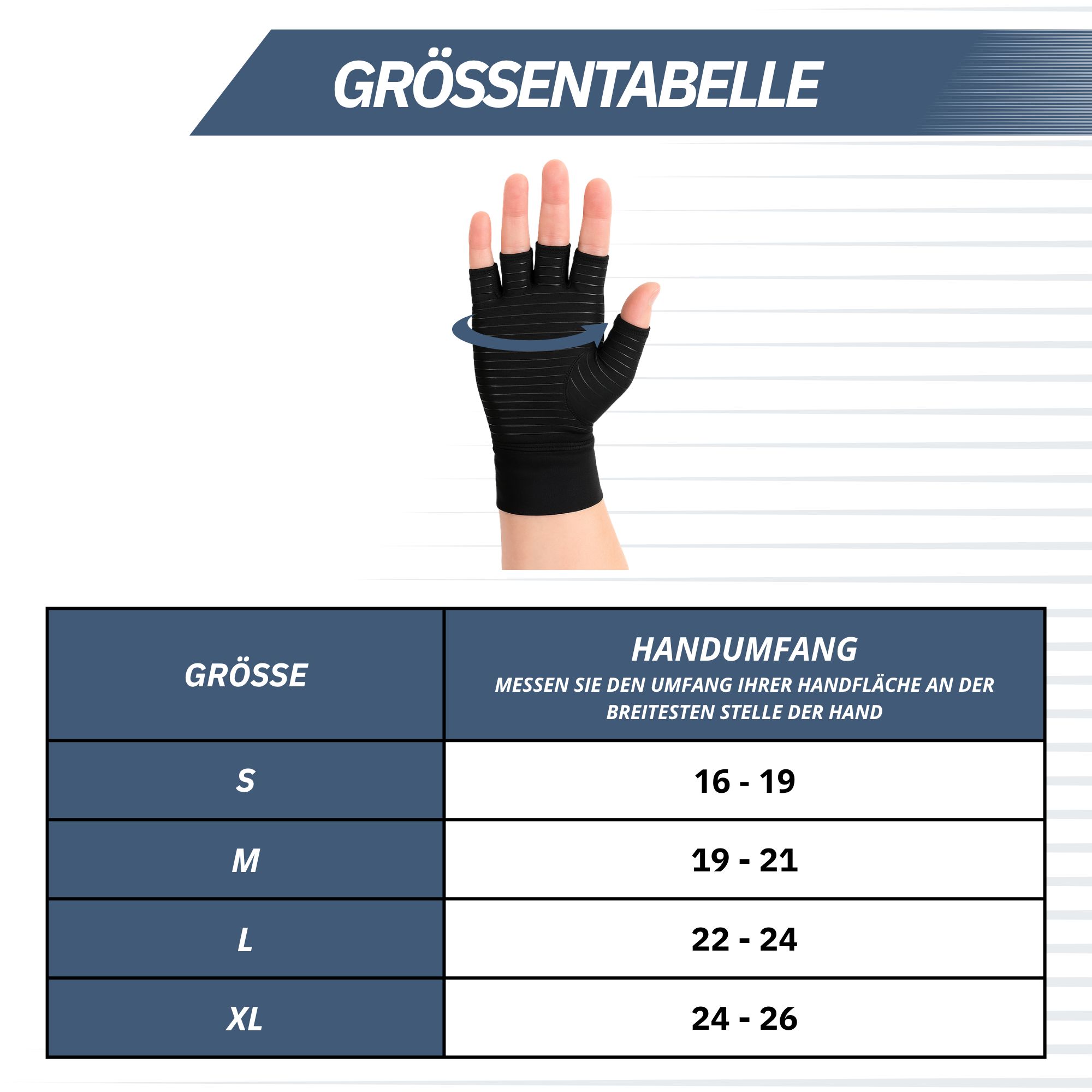 Größentabelle für Kompressionshandschuhe, zeigt Handumfang von 16-26 cm.