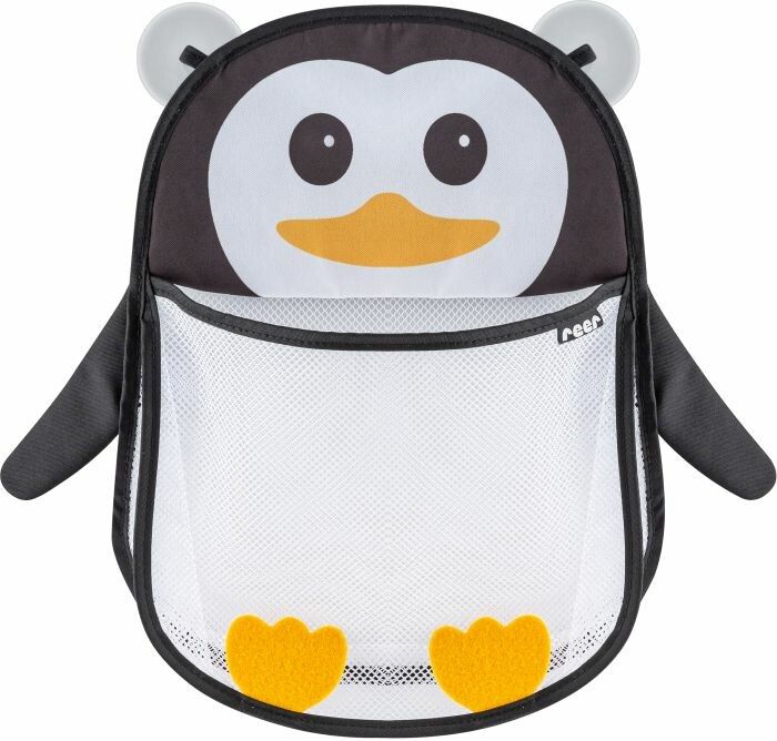 Badespielzeug-Netz in Form eines Pinguins. Schwarzer Körper, weißer Bauch, gelbe Füße und Schnabel, graue Ohren.
