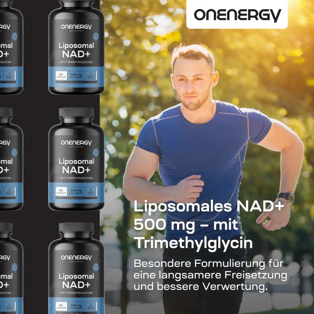 Mann läuft. Im Hintergrund Flaschen mit Aufschrift: OnEnergy, Liposomal NAD+, 500 mg, mit Trimethylglycin. Text: Liposomales NAD+.