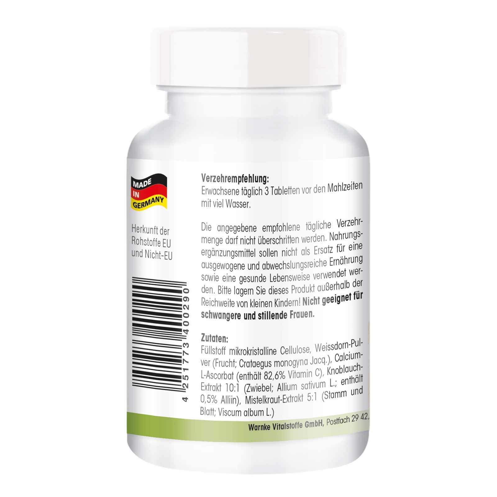 Rückseite des Tablettenfläschchens. Text: Verzehrempfehlung, Zutaten, Herkunft EU und Nicht-EU, Made in Germany. Warnke Vitalstoffe GmbH.