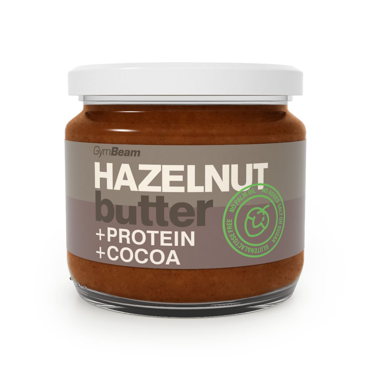 GymBeam Haselnussbutter mit Protein und Kakao in einem Glas.
