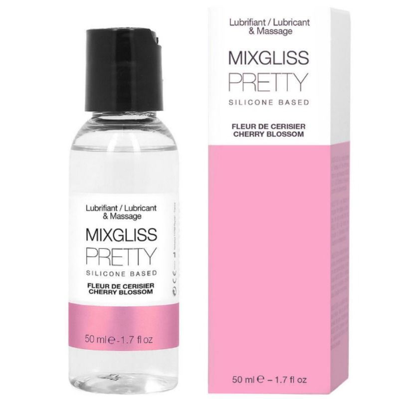 Transparente Flüssigkeit in einer Flasche mit schwarzem Verschluss. Daneben eine rosa-weiße Verpackung. Beschriftung: Pretty, Kirschblüte.