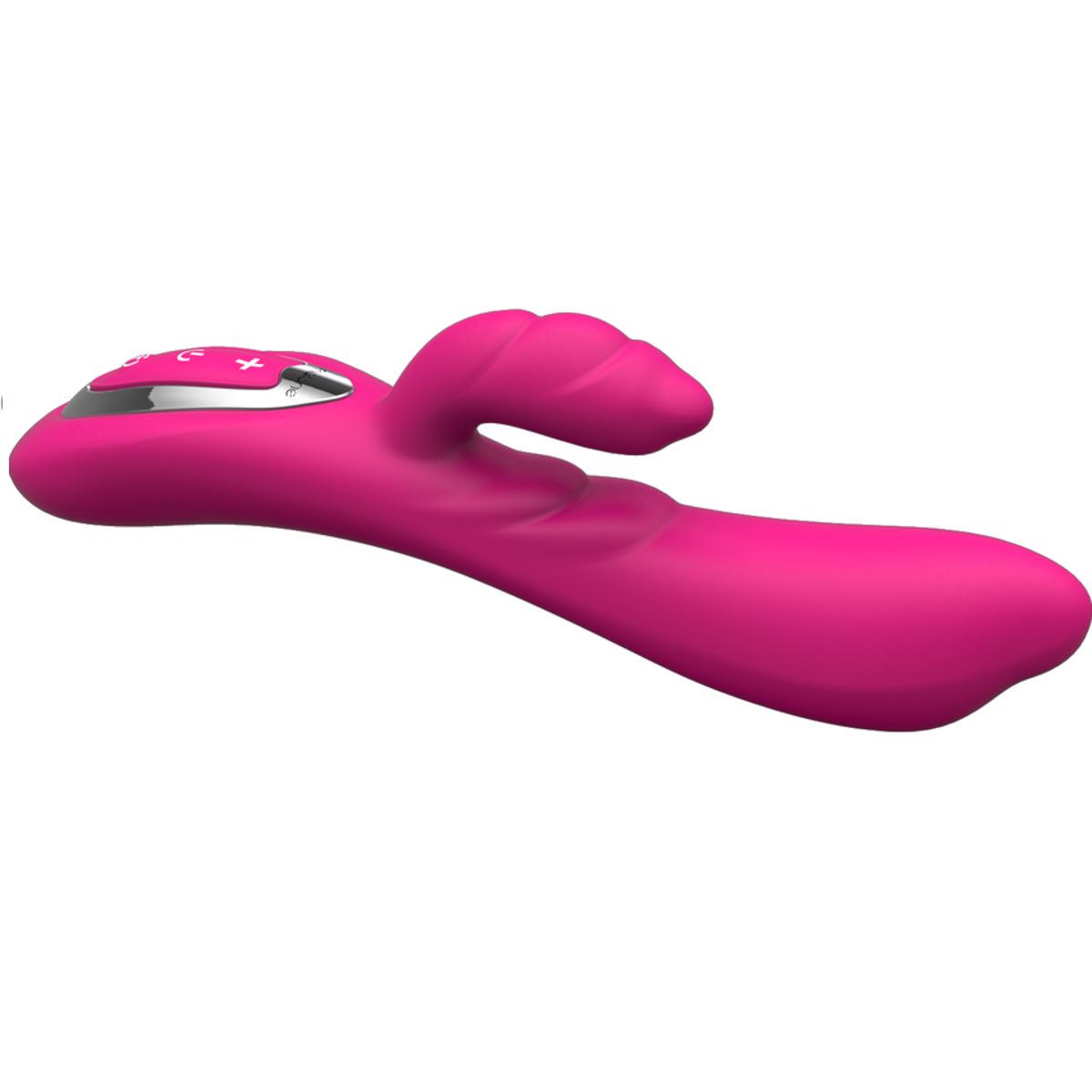Pinkfarbener Vibrator mit Hasenohren-Design. Mit Bedienfeld und Knöpfen. Schräge Ansicht.