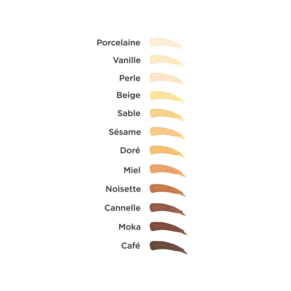 Farbpalette mit 12 Farbtönen. Namen: Porcelaine, Vanille, Perle, Beige, Sable, Sésame, Doré, Miel, Noisette, Cannelle, Moka, Café.