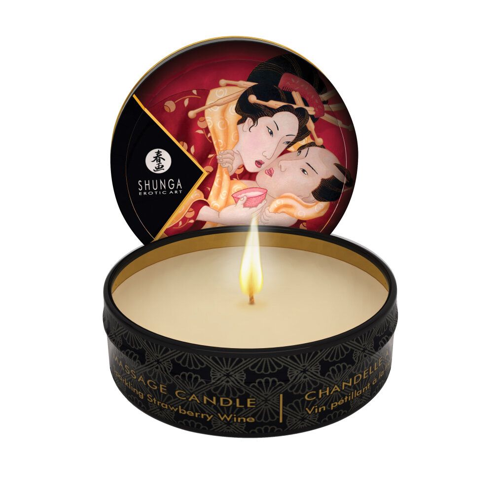 Shunga Massagekerze Romance/Sparkl. Erdbeerwein, 6 Stück. Mit Flamme.