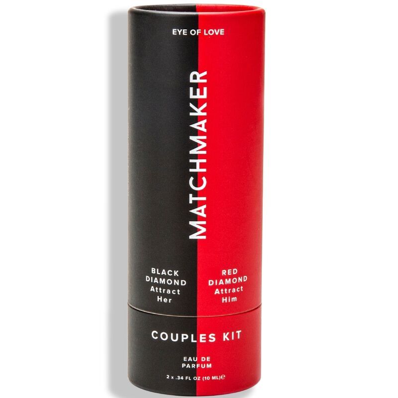 Zylindrische Verpackung, schwarz-rot geteilt, mit "MATCHMAKER"-Schriftzug. Enthält "BLACK DIAMOND" und "RED DIAMOND" Text. "COUPLES KIT" darunter.