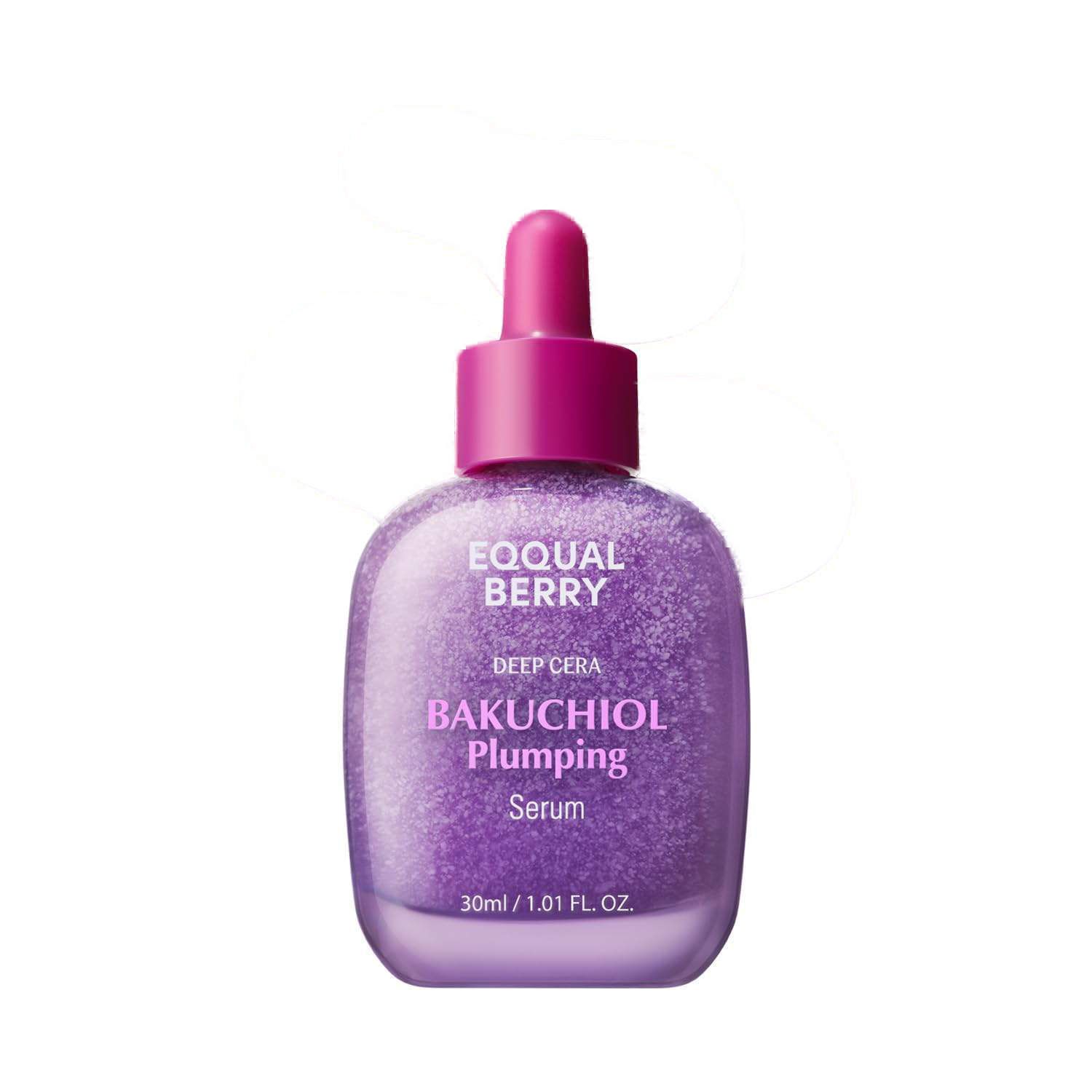 Violette Serumflasche mit rosa Verschluss. Aufschrift: EQQUAL BERRY, BAKUCHIOL Plumping Serum.