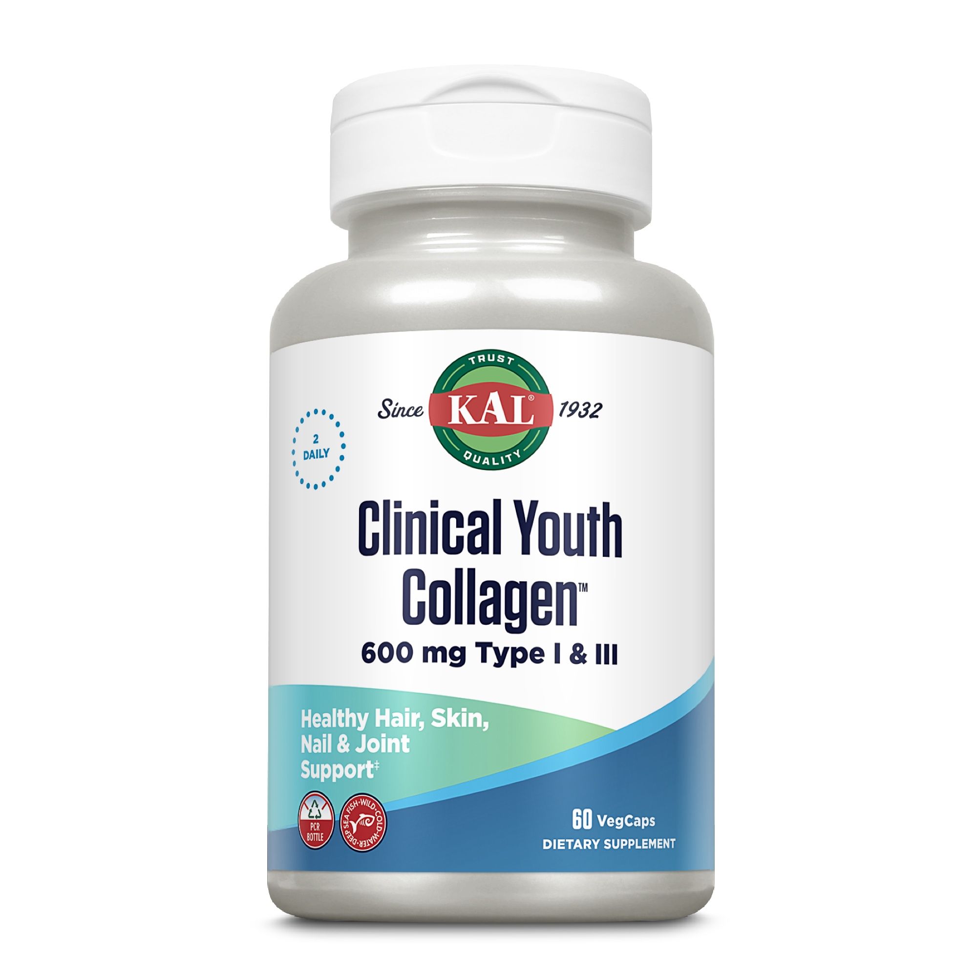 Eine Flasche KAL Clinical Youth Collagen mit 60 Kapseln. Aufschrift: "600 mg Type I & III".