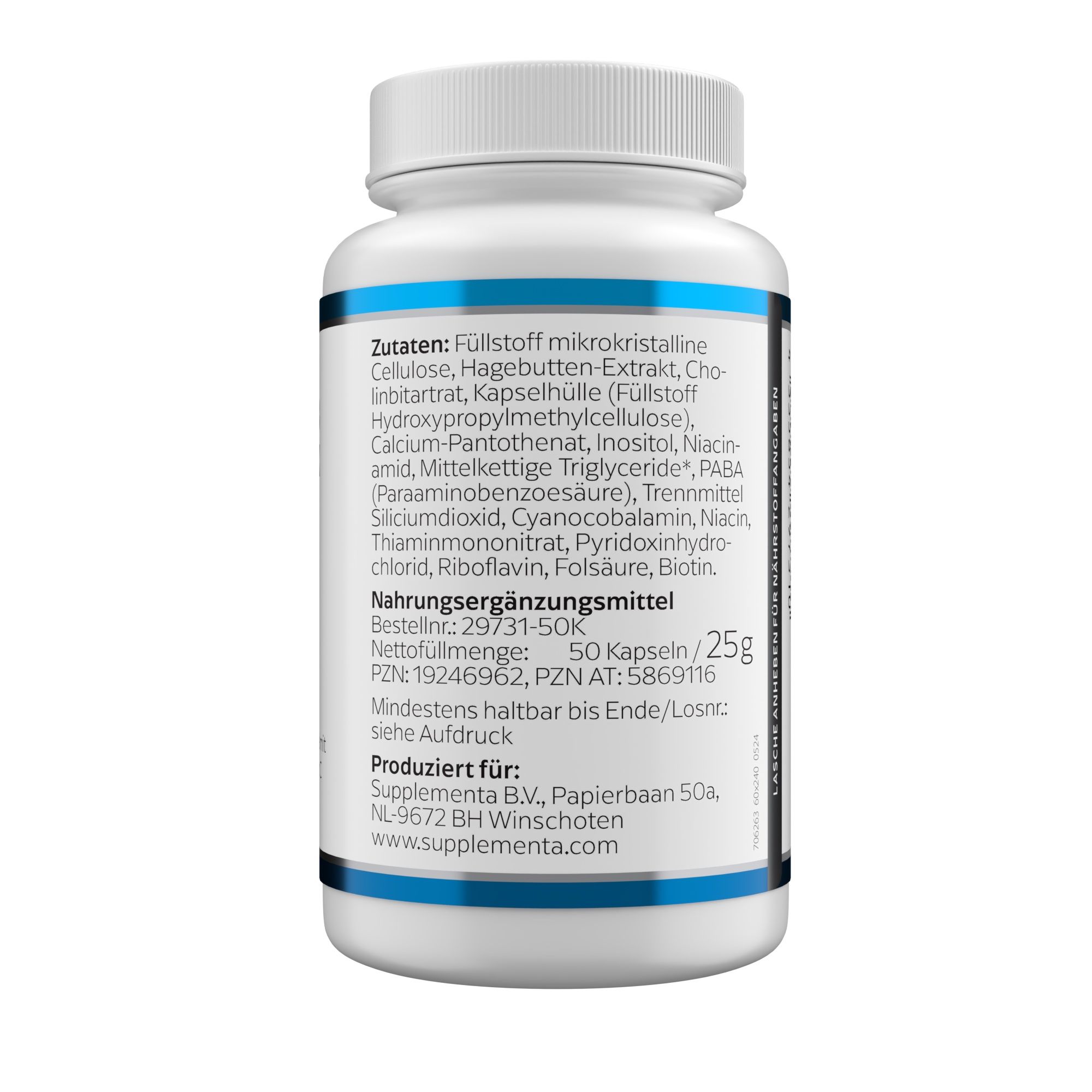 Rückseite einer weißen Flasche. Text mit Zutaten, Nährwertangaben und Herstellerinformationen. 50 Kapseln.