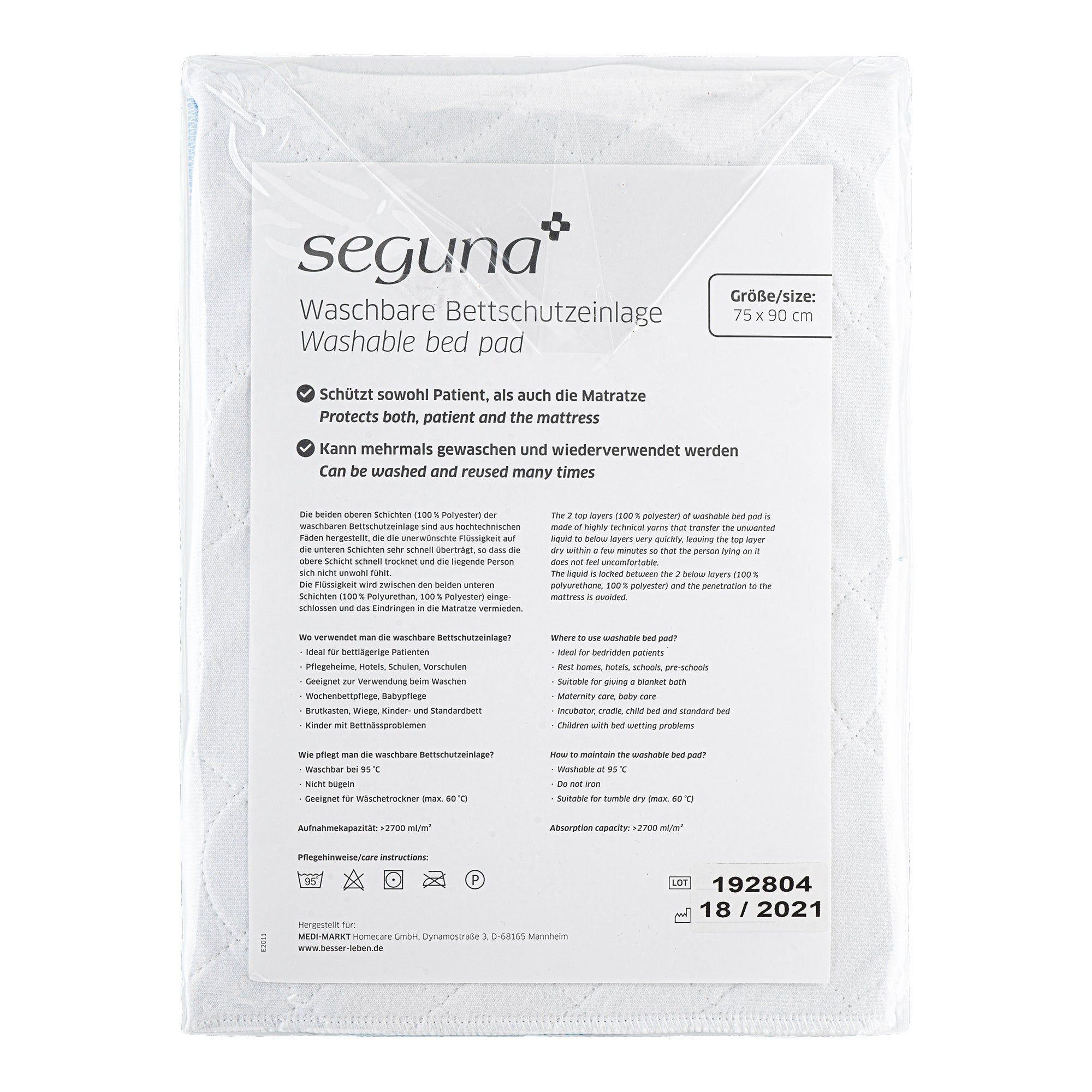 Verpackung mit SEGUNA Bettschutzeinlage. Produktname, Logo, Größe und Informationen sind sichtbar.