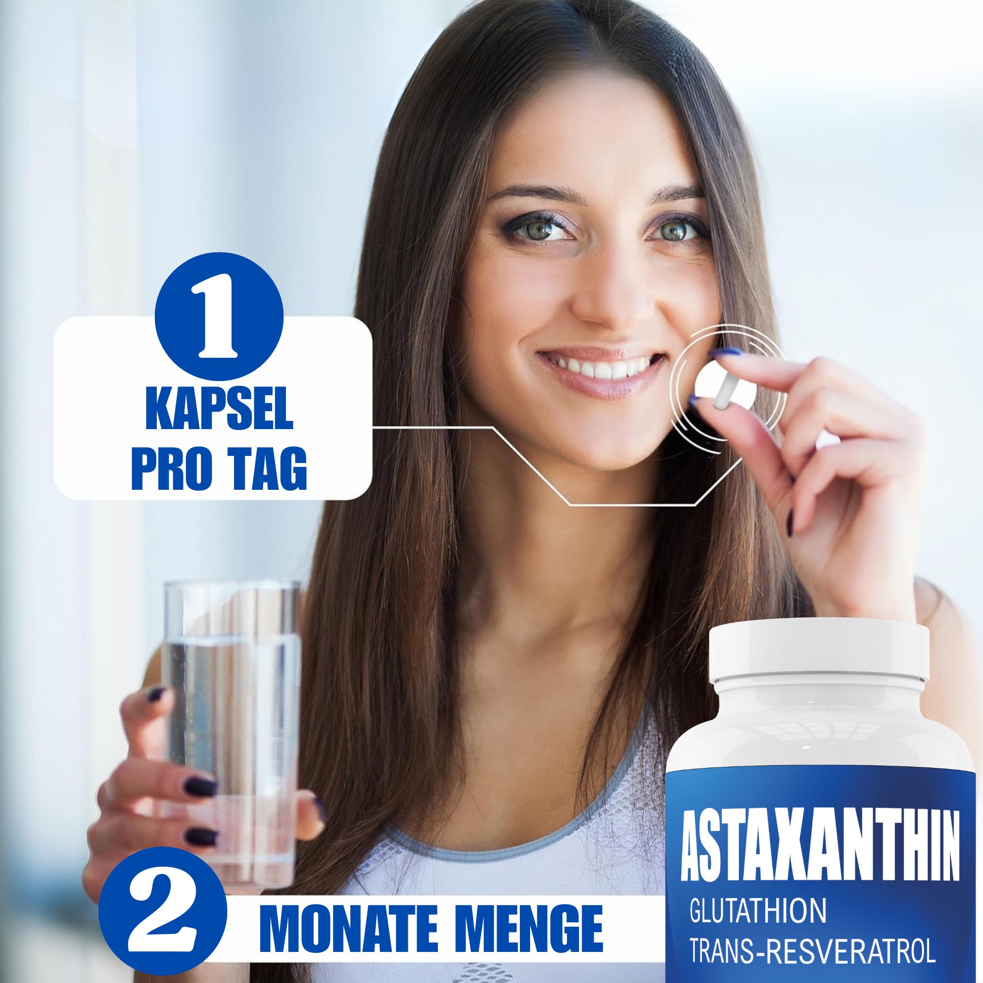 Frau nimmt eine Astaxanthin-Kapsel ein, mit Hinweis auf 1 Kapsel pro Tag.