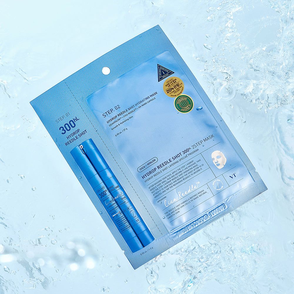 Blaues Produkt-Paket mit zwei Masken und einer blauen Ampulle. Aufschrift: Hydrop Reedle Shot 300hL 2-Stufen-Tuchmaske.
