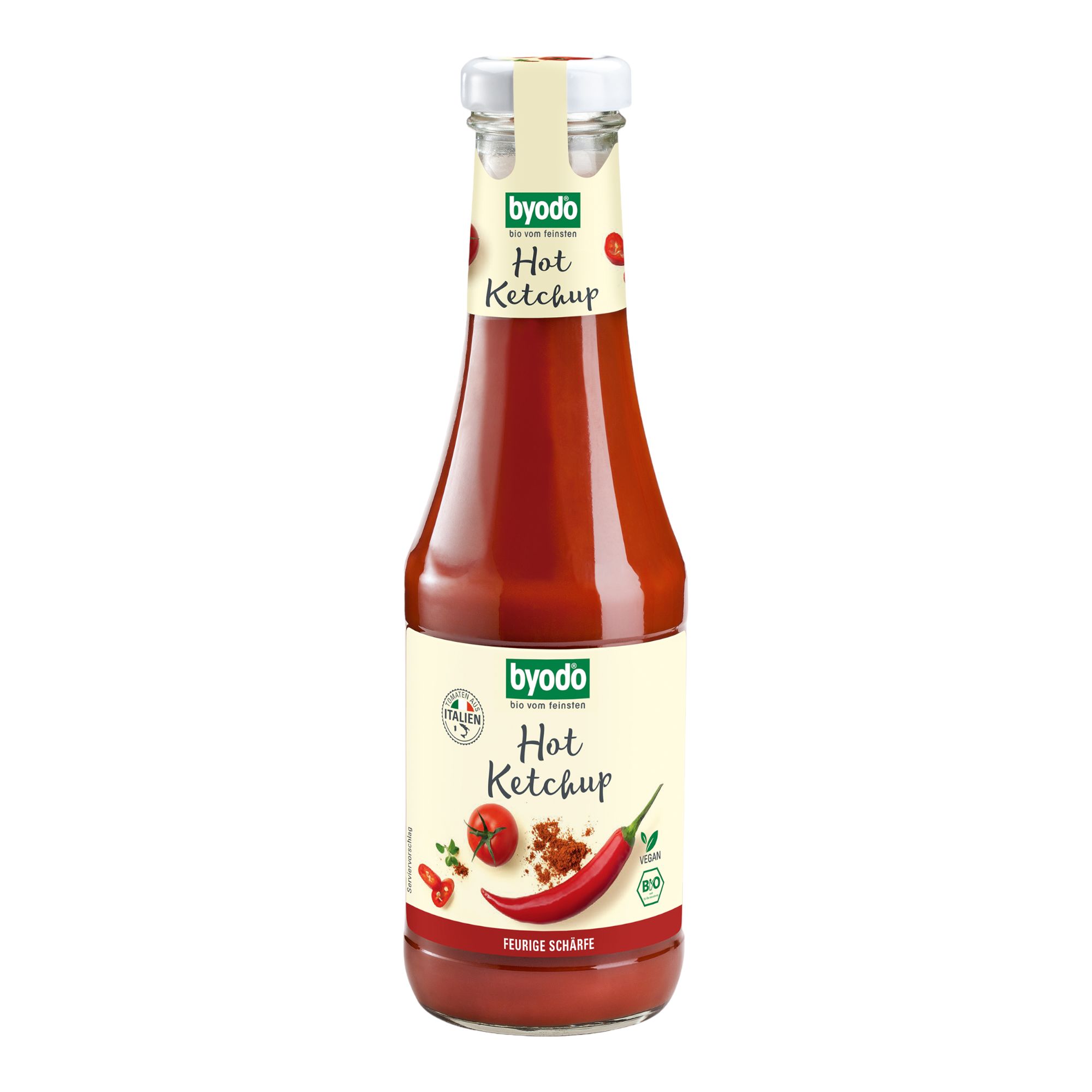 Flasche Byodo Hot Ketchup mit Etikett, das Chilis und Tomaten zeigt. Bio-Siegel sichtbar.