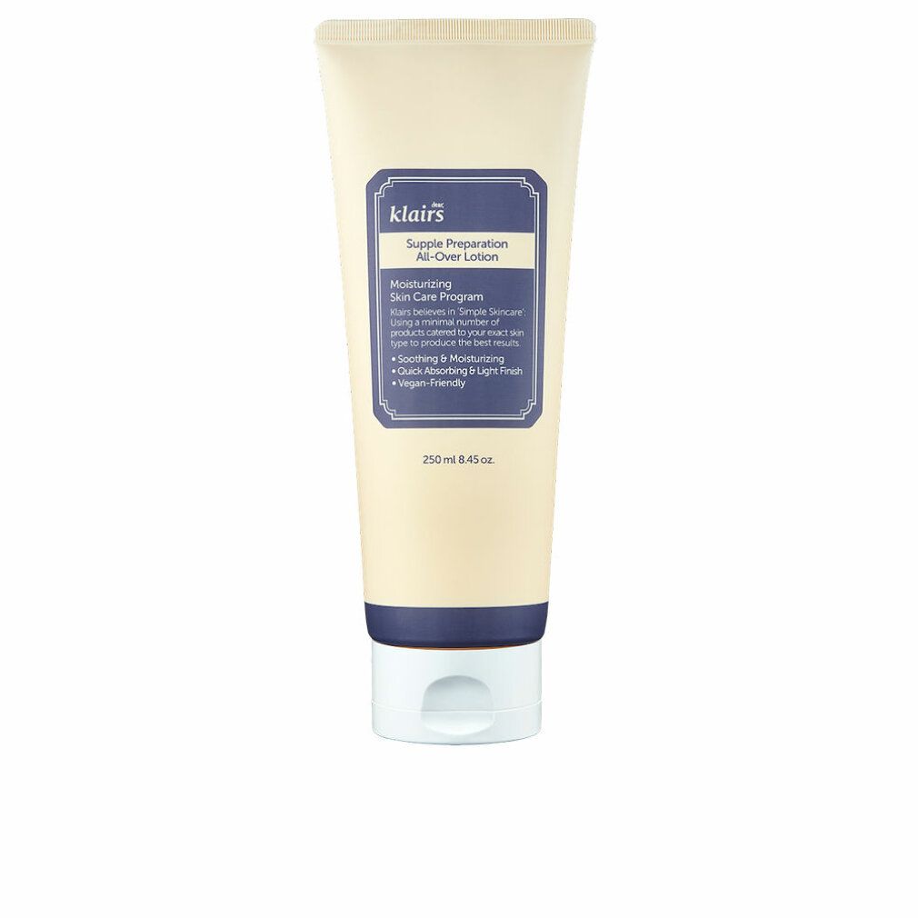 Beige Tube mit blauem Etikett. Text: klairs, Supple Preparation All-Over Lotion. 250ml.