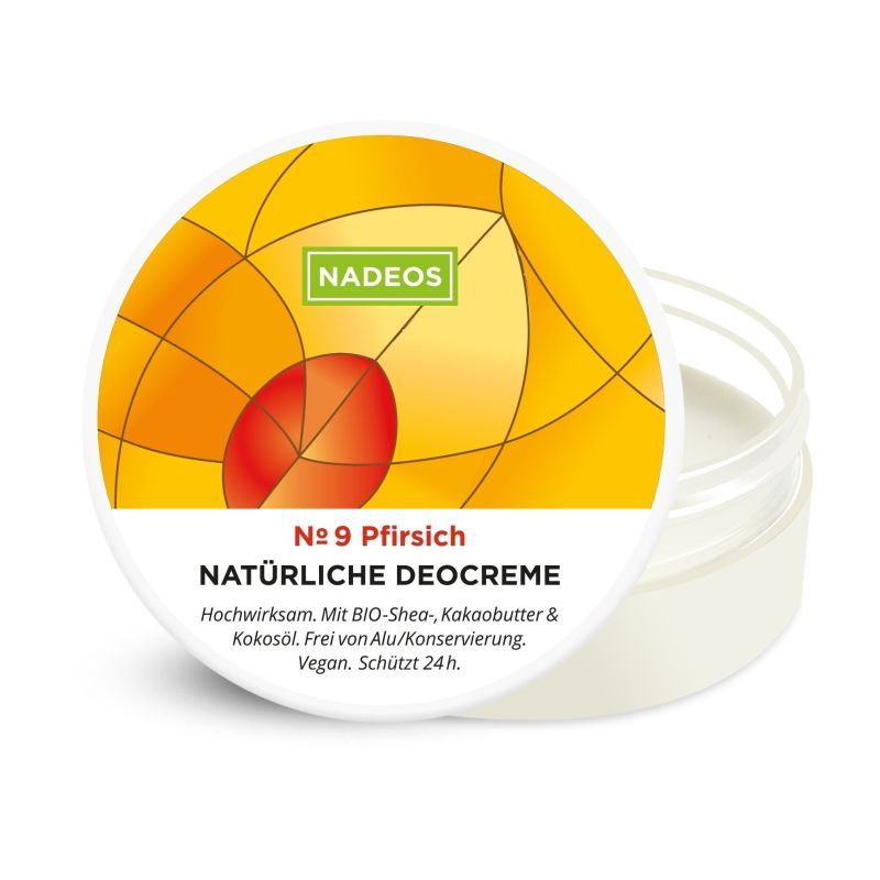 Deocreme in einem transparenten Tiegel. Auf dem Deckel: Logo NADEOS, Pfirsich-Motiv, Text: Natürliche Deocreme, vegan.