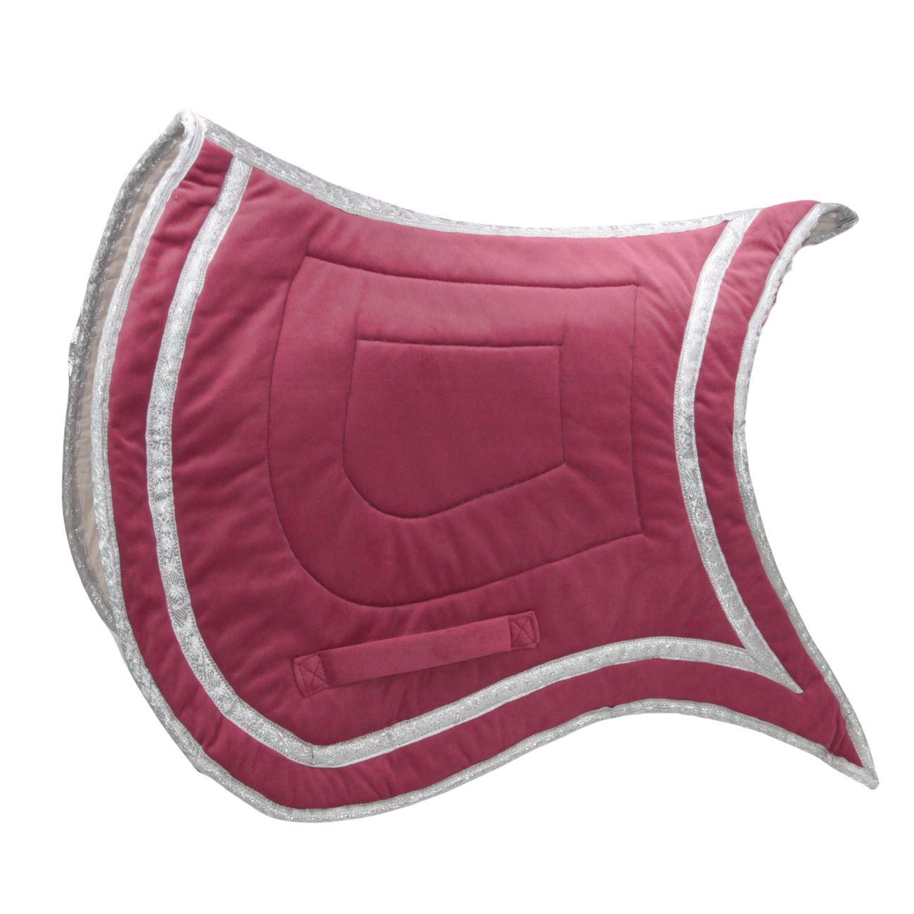 Bordeauxfarbene Schabracke mit silberner Biese und Sattelgurtschlaufe. Quadratische Form.