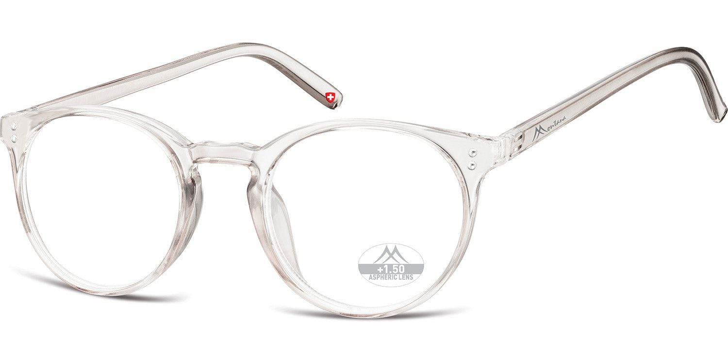 Transparente Brille mit runden Gläsern. Bügel mit rotem Akzent. Montana Eyewear Logo am Bügel und Glas.