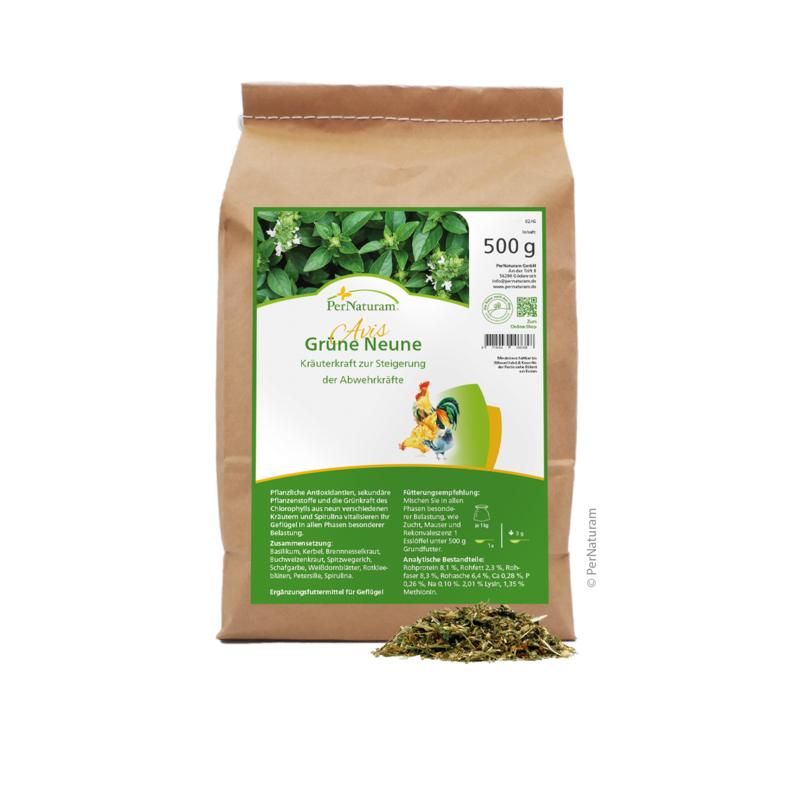 Braune Papiertüte mit Produktetikett. Text: AVIS Grüne Neune, 500g. Kräuterkraft für Geflügel. Grünfutter auf weißem Hintergrund.