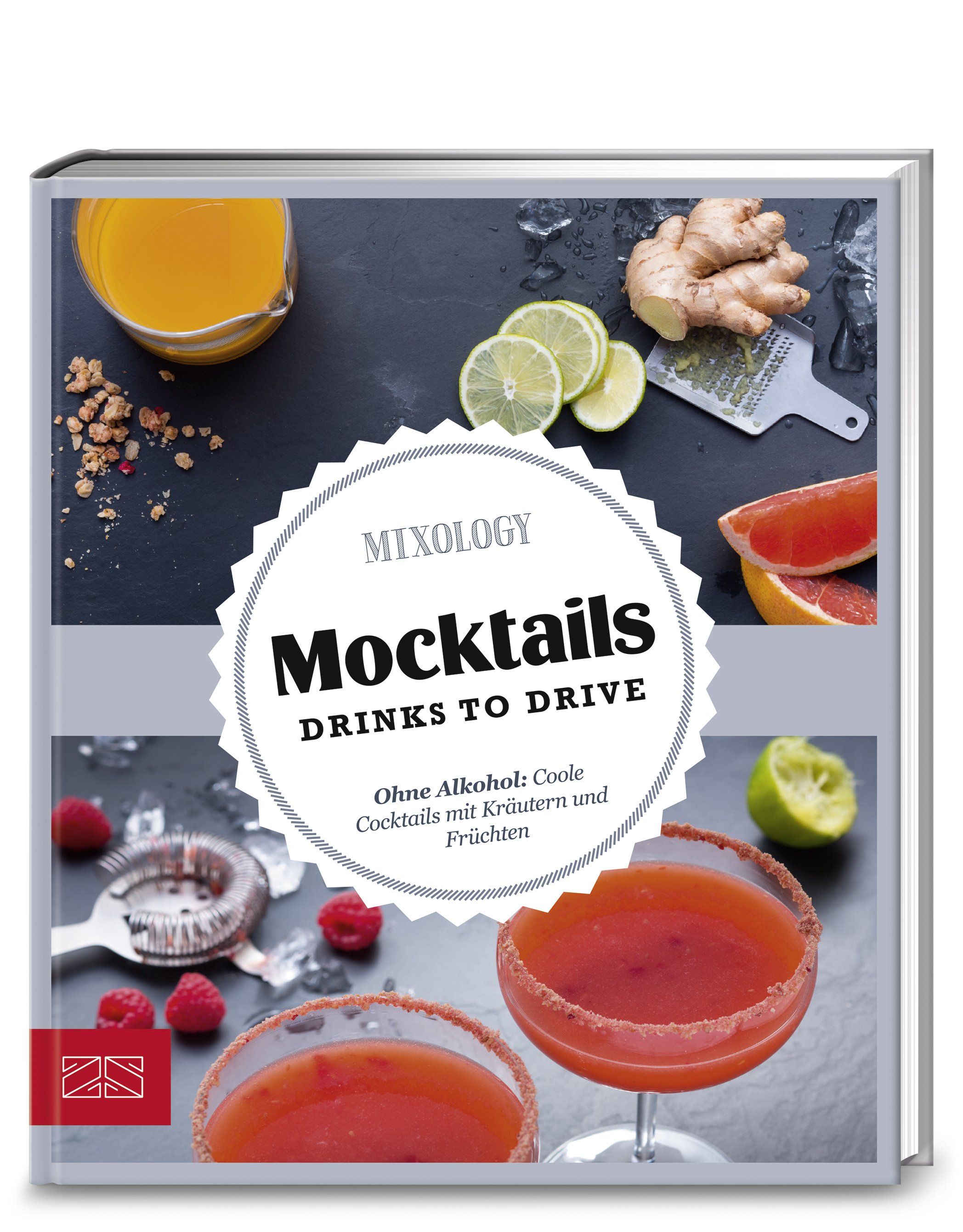 Buchcover mit dem Titel "Mocktails". Auf dem Cover sind Zutaten und fertige Getränke abgebildet.
