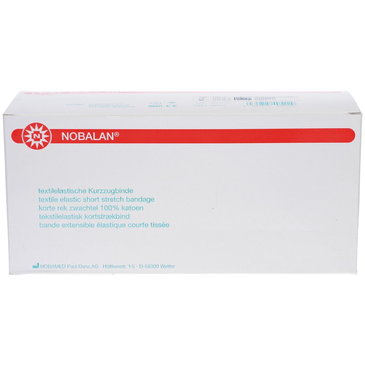 NOBALAN® Kurzzugbinde Verpackung. Weiße Box mit roter Linie und Text. Textilelastisch, 100 % Baumwolle. Produktname und Logo.