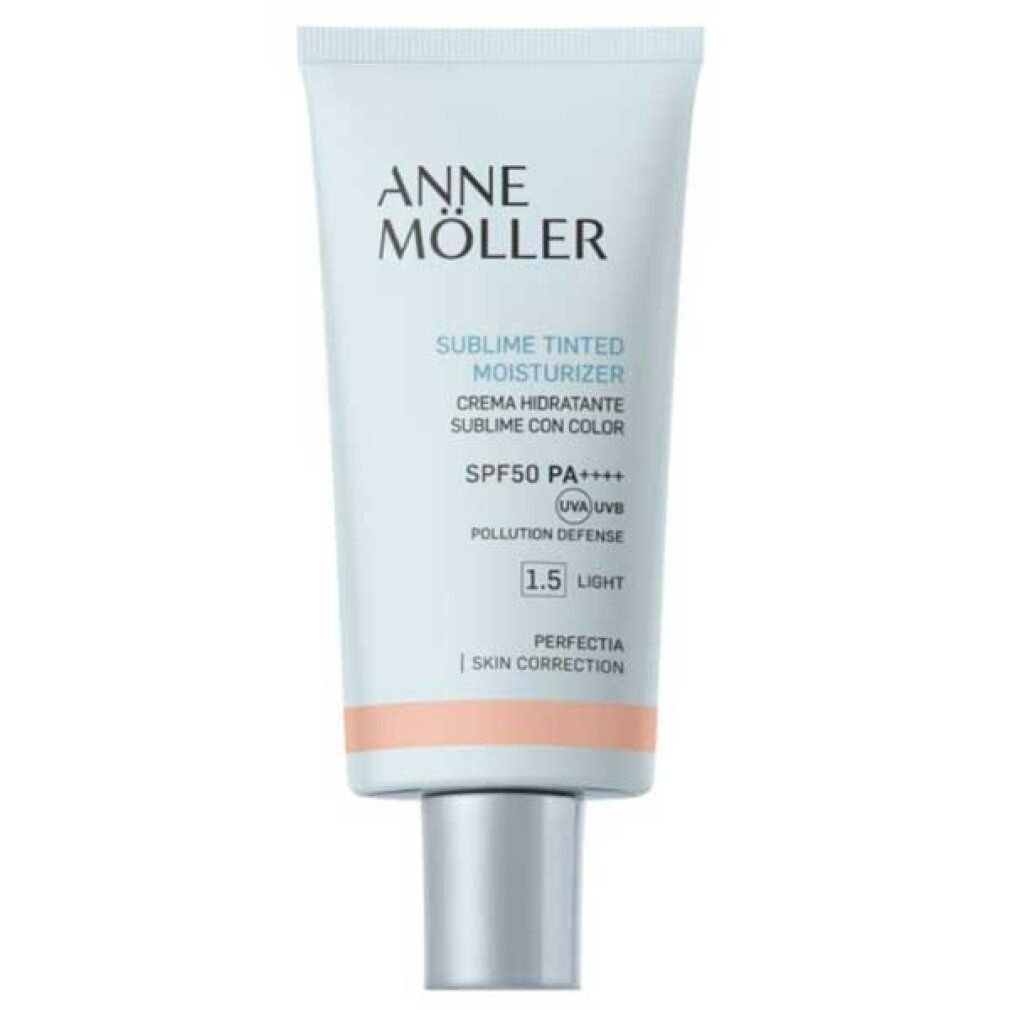 Tube mit Produkttext. Marke Anne Möller. Sublime Tinted Moisturizer SPF50. Farbton 1.5 Light. Creme mit Farbton und Sonnenschutz.