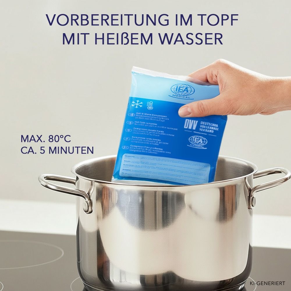Kalt-Warm-Kompresse wird in kochendes Wasser getaucht.