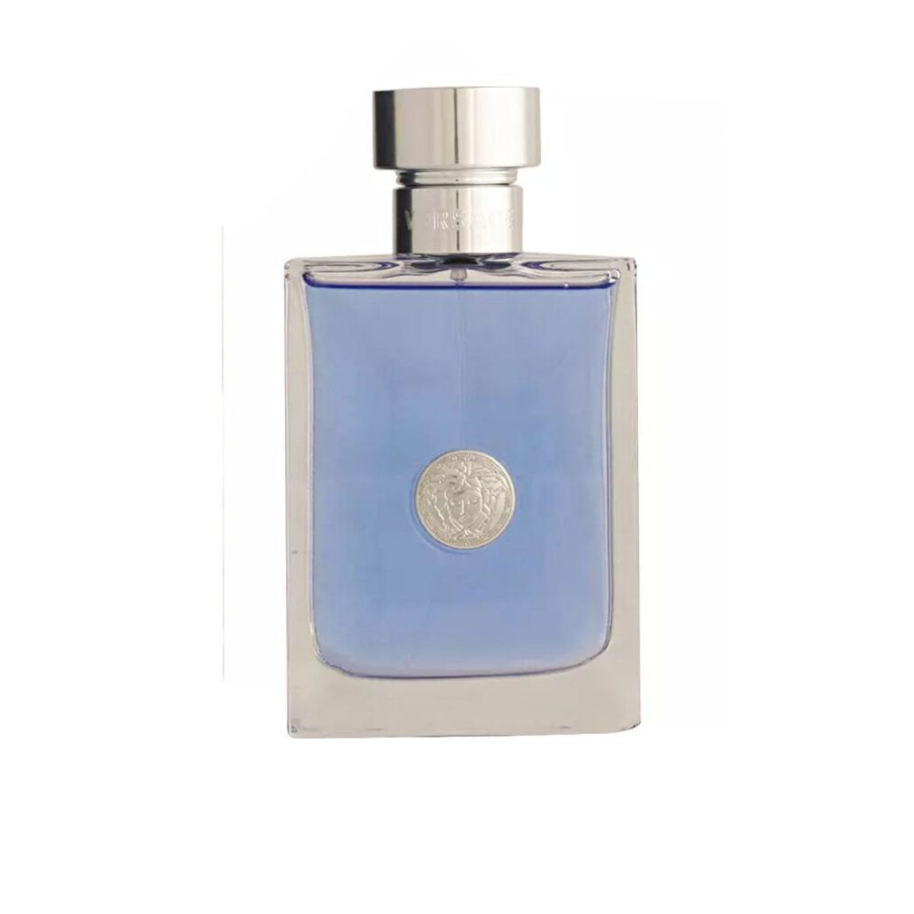 Blauer Glasflakon mit silbernem Deckel. Aufschrift: VERSACE. Silbernes Medaillon mit Logo. Rechteckige Form.