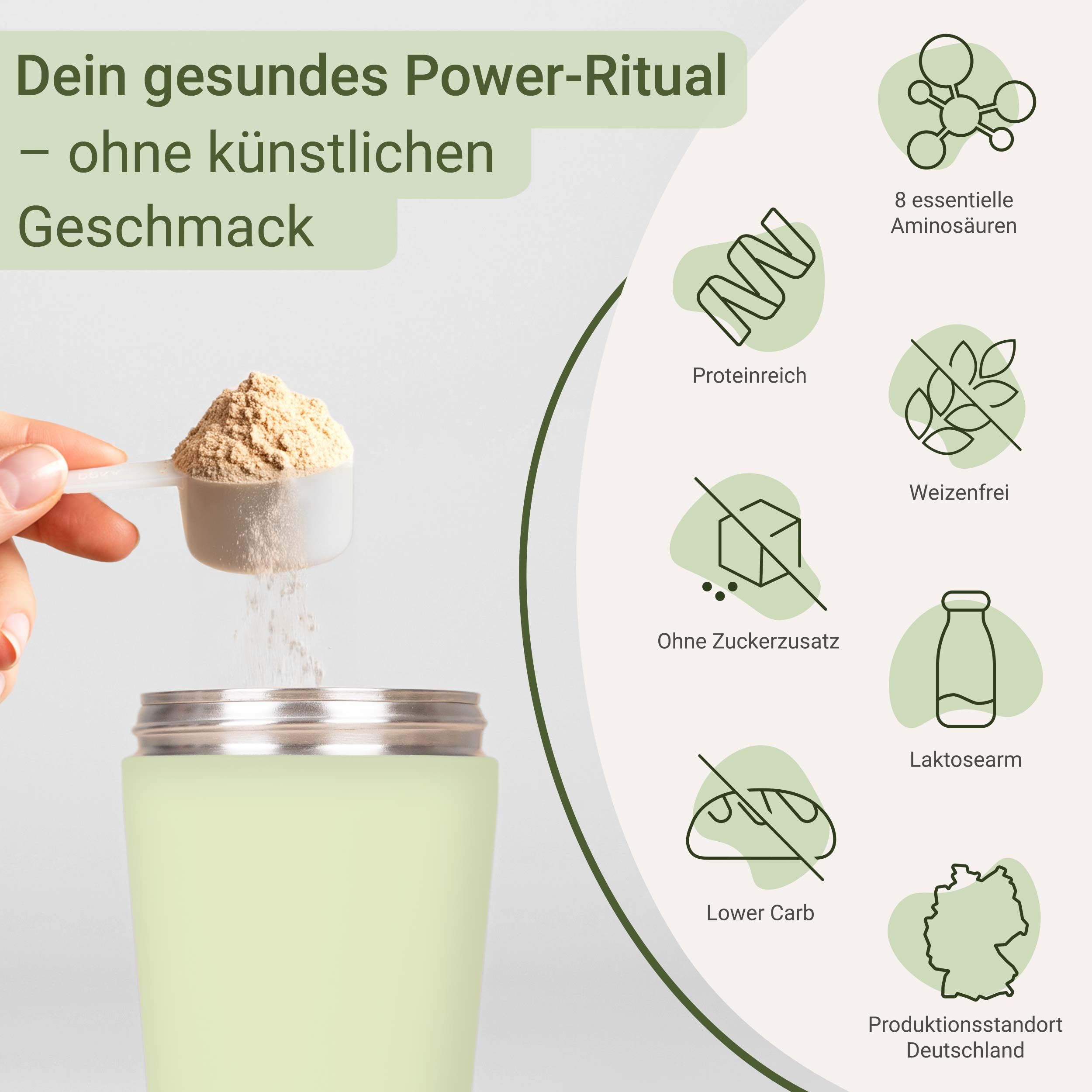Eiweiß Pulver zum Anmischen, ohne Zuckerzusatz, weizenfrei, laktosefrei.