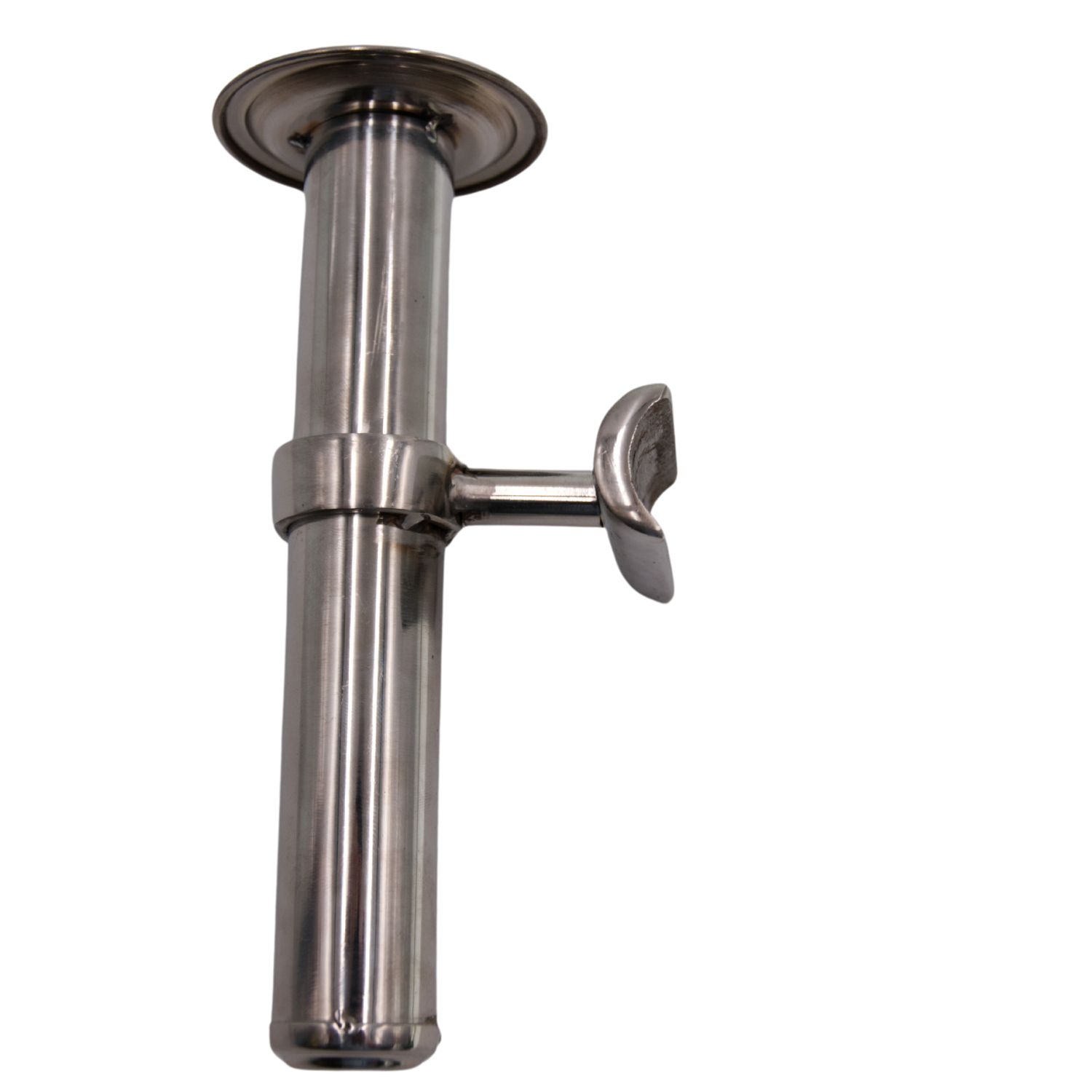 Metallhalterung für Peitsche. Zylindrische Form mit Halterung. Ansicht von vorne.