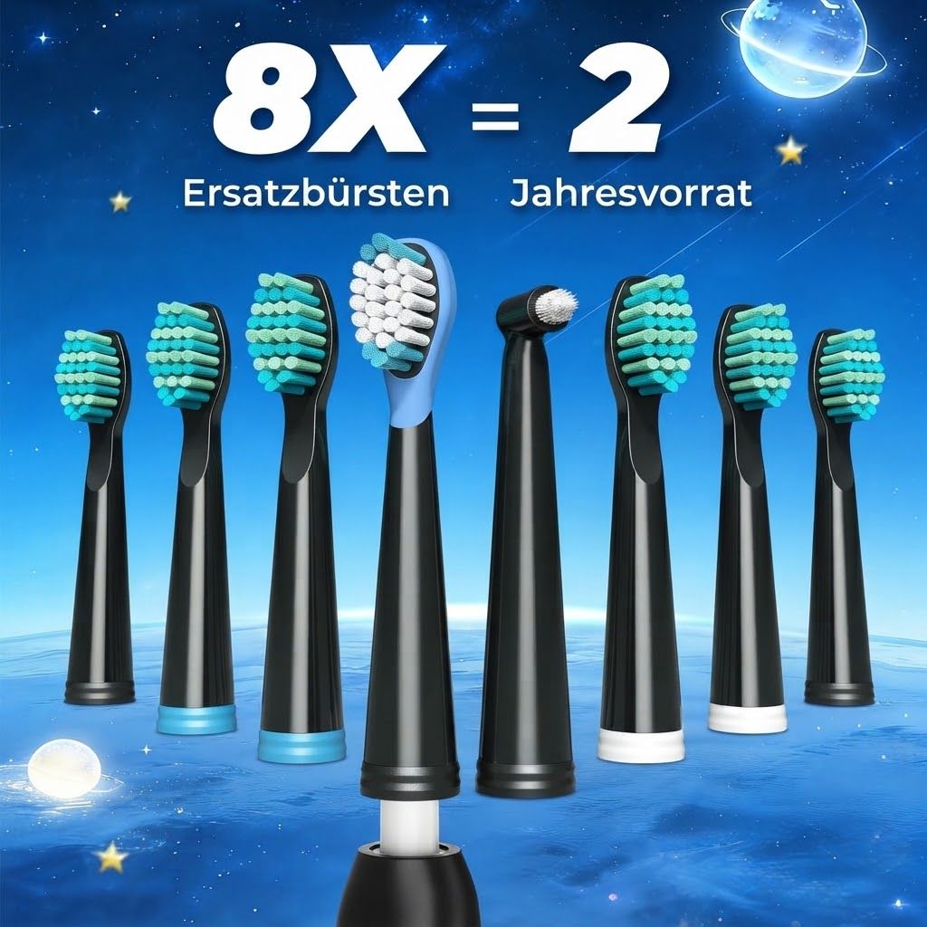 Acht Ersatzbürstenköpfe für eine elektrische Zahnbürste, als Jahresvorrat.
