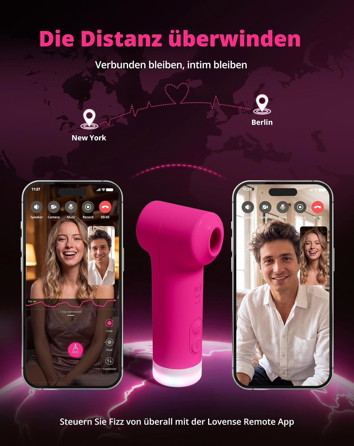 Pinker Saugstimulator mit Griff und LED-Beleuchtung, verbunden mit zwei Smartphones über Videoanrufe.