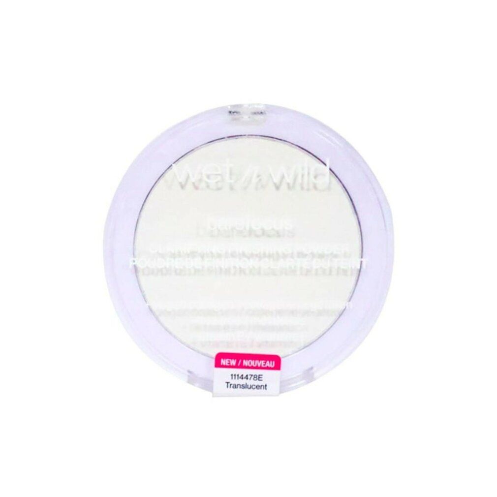 Runder, transparenter Behälter mit weißem Puder. Aufschrift: Wet n Wild. Etikett: NEW/NOUVEAU, 1114478E, Translucent.